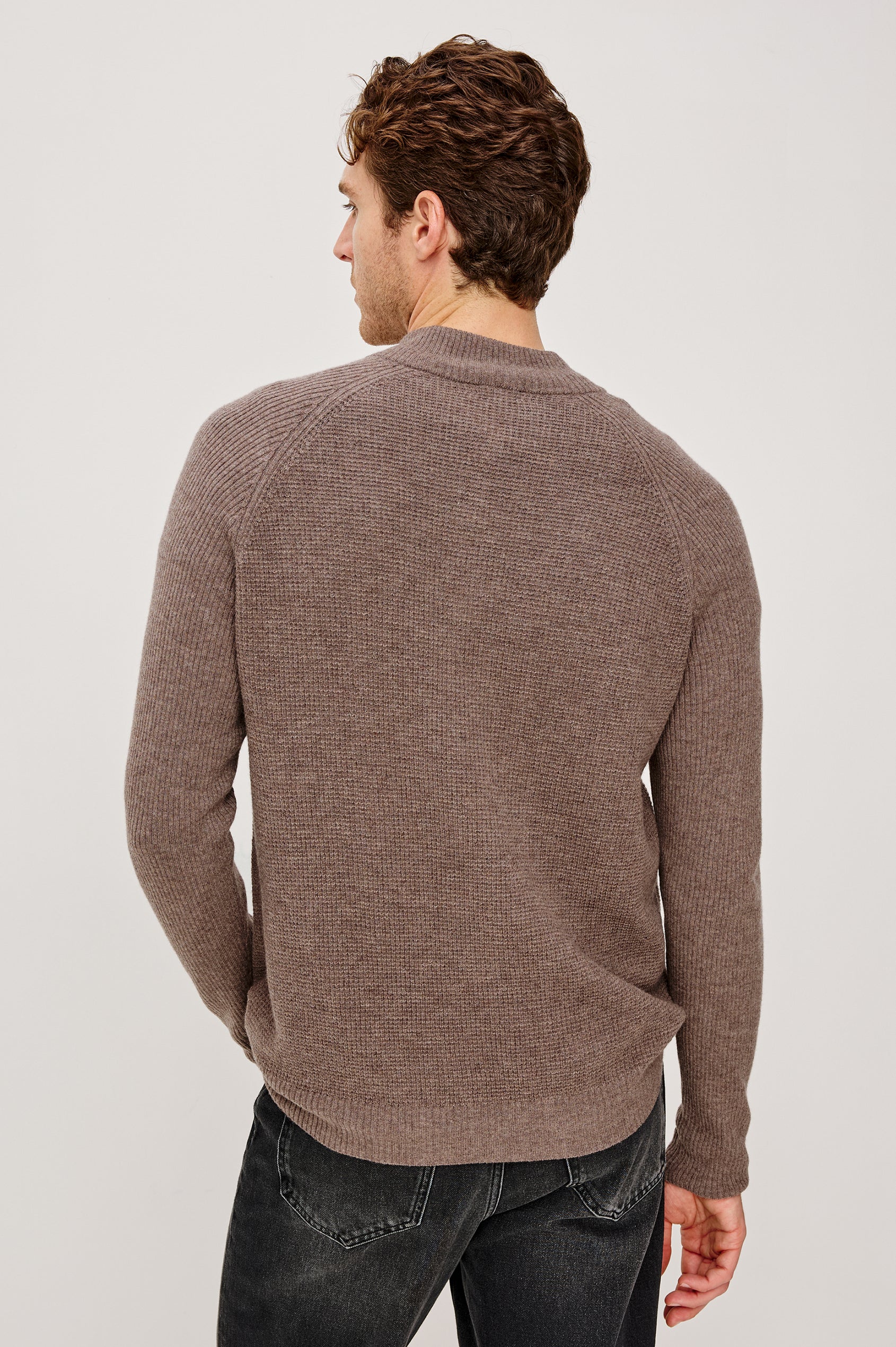 Stark Quarter Zip Sweater in Wool With Mock Neck, Long Sleeves, and Ribbed Trim in Brown Melange Colorway - Upper Body Back View Featured on Model