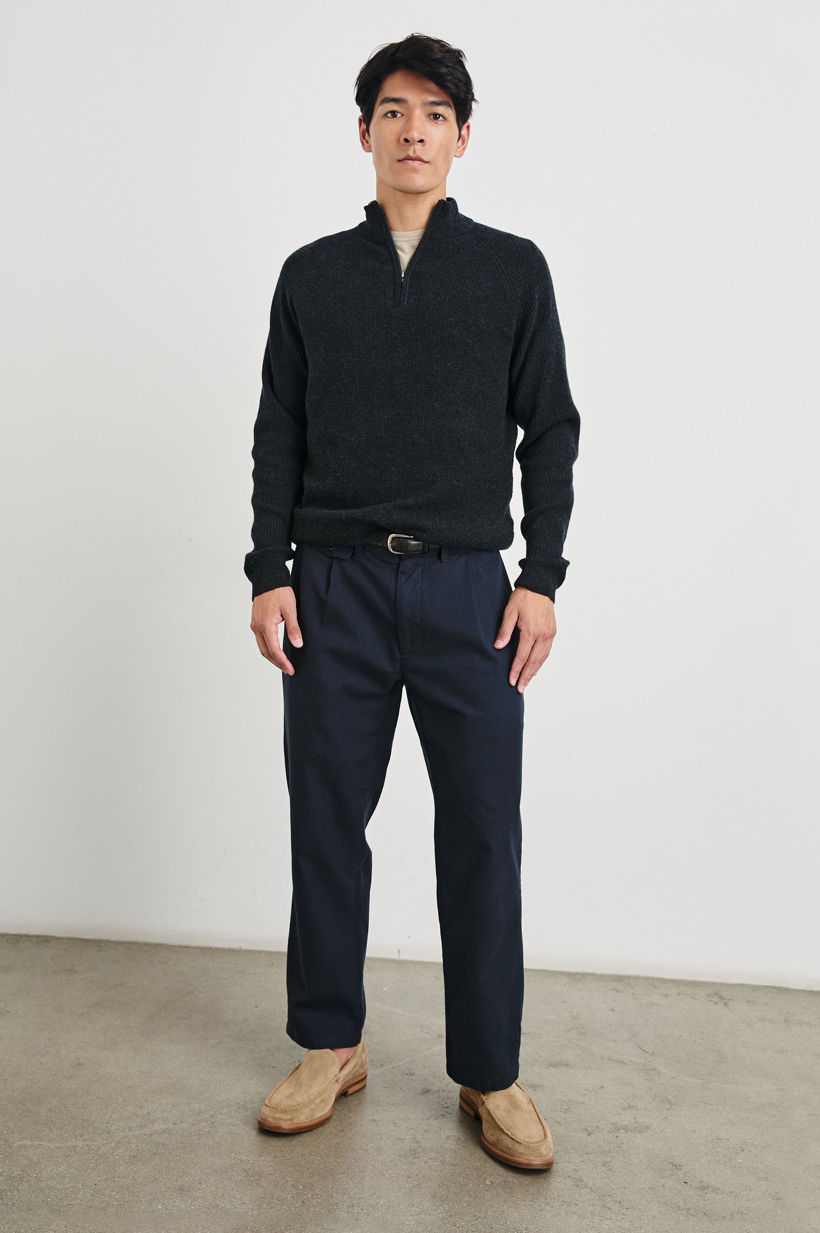 Stark Long-Sleeve Quarter Zip with a Mock Neck, Waffle Torso, and Ribbed Sleeves in Cast Iron Colorway - Front Full Body View Featured on Model