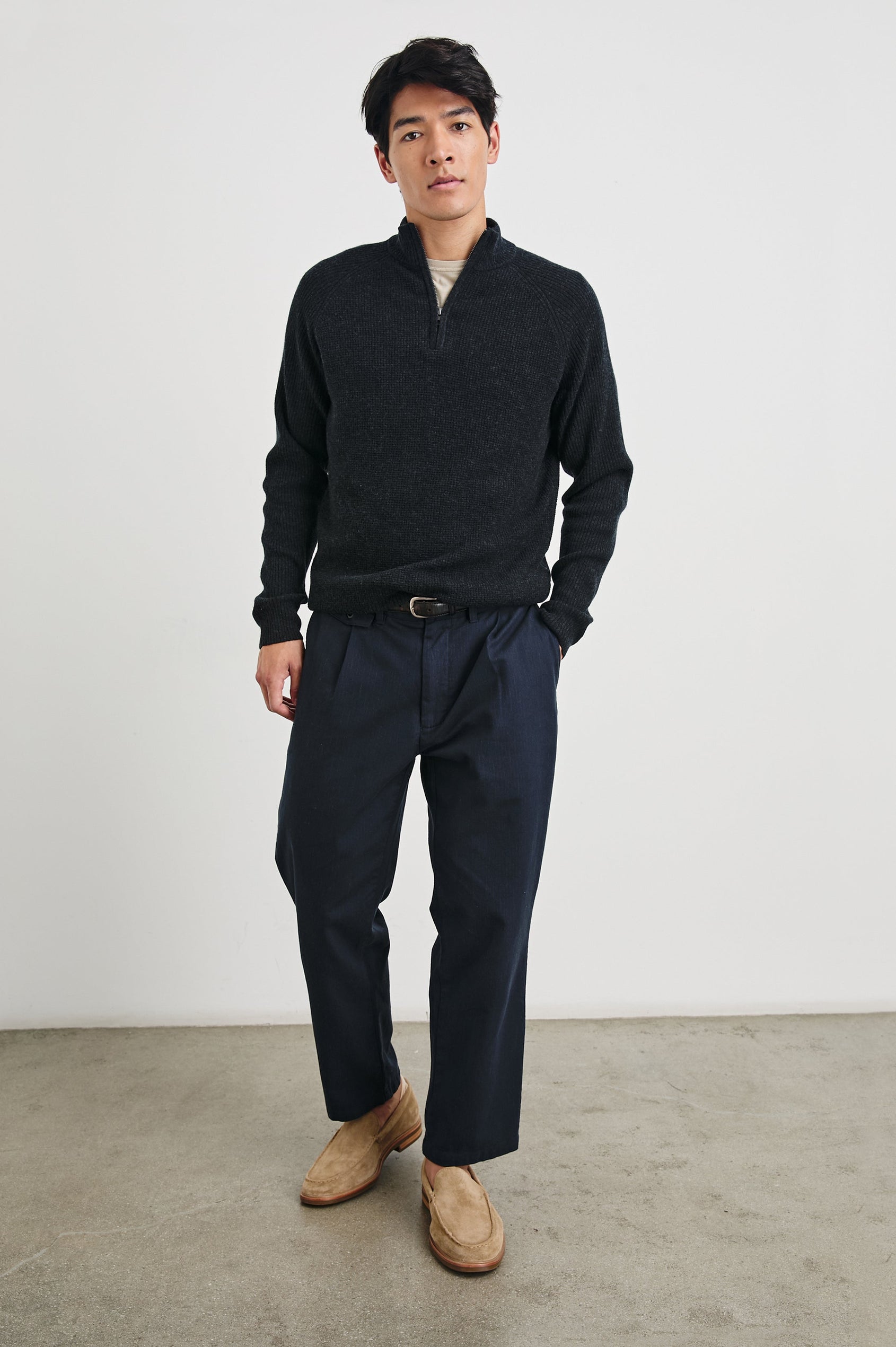 Stark Long-Sleeve Quarter Zip with a Mock Neck, Waffle Torso, and Ribbed Sleeves in Cast Iron Colorway - Front Full Body View Featured on Model