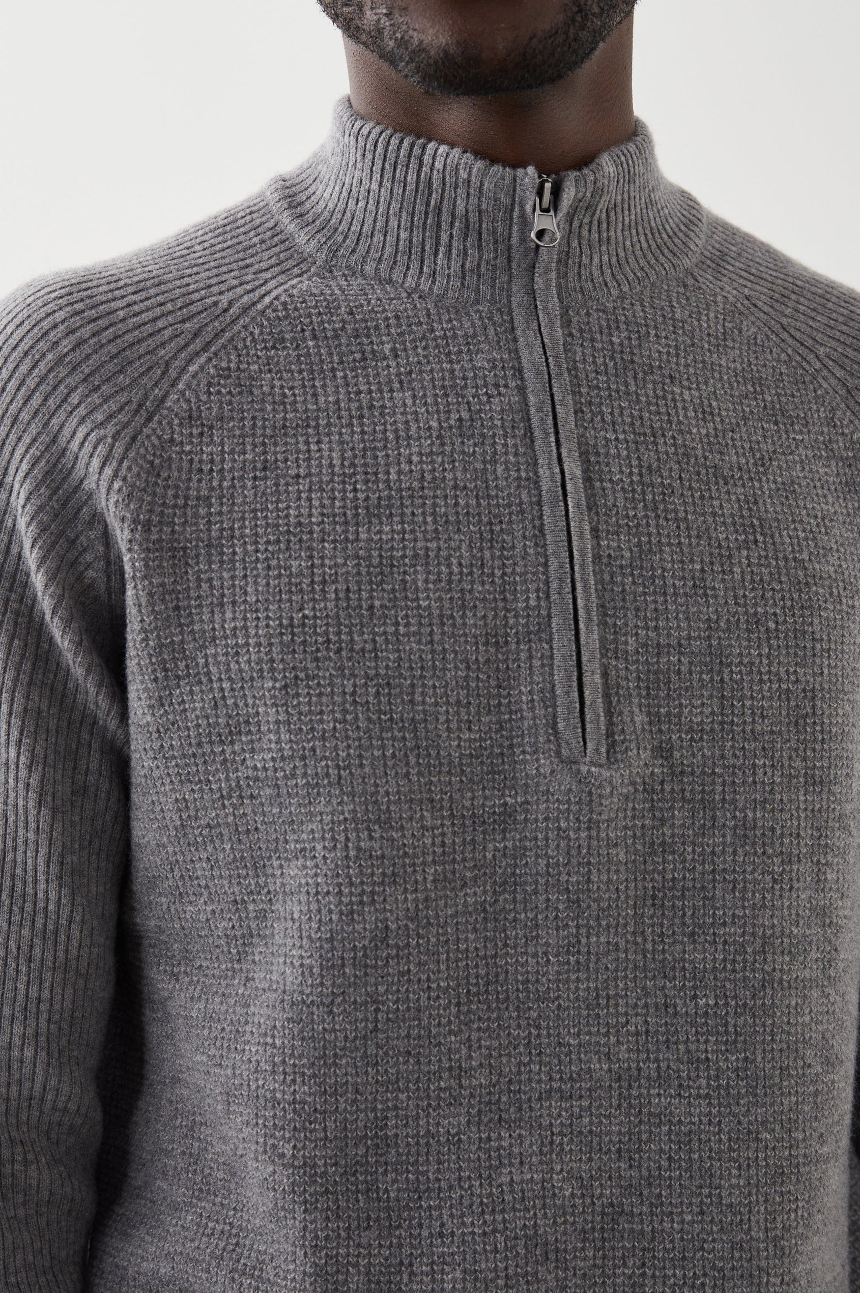 Stark Long-Sleeve Quarter Zip with a Mock Neck, Waffle Torso, and Ribbed Sleeves in Finch Colorway - Front View Featured on Model