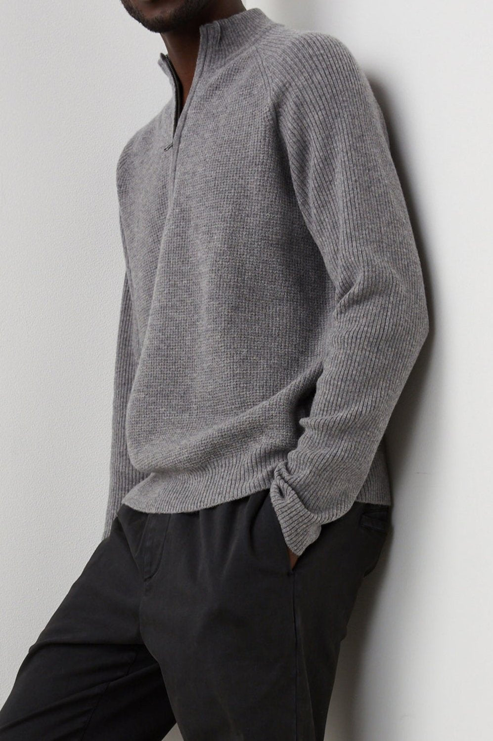 Stark Long-Sleeve Quarter Zip with a Mock Neck, Waffle Torso, and Ribbed Sleeves in Finch Colorway - Front Full Body View Featured on Model