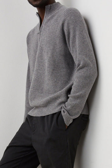 Stark Long-Sleeve Quarter Zip with a Mock Neck, Waffle Torso, and Ribbed Sleeves in Finch Colorway - Front Full Body View Featured on Model