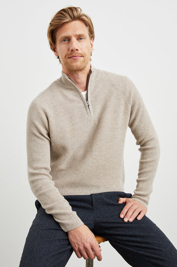 Stark Long-Sleeve Quarter Zip with a Mock Neck, Waffle Torso, and Ribbed Sleeves in Oat Melange Colorway - Front View Featured on Model