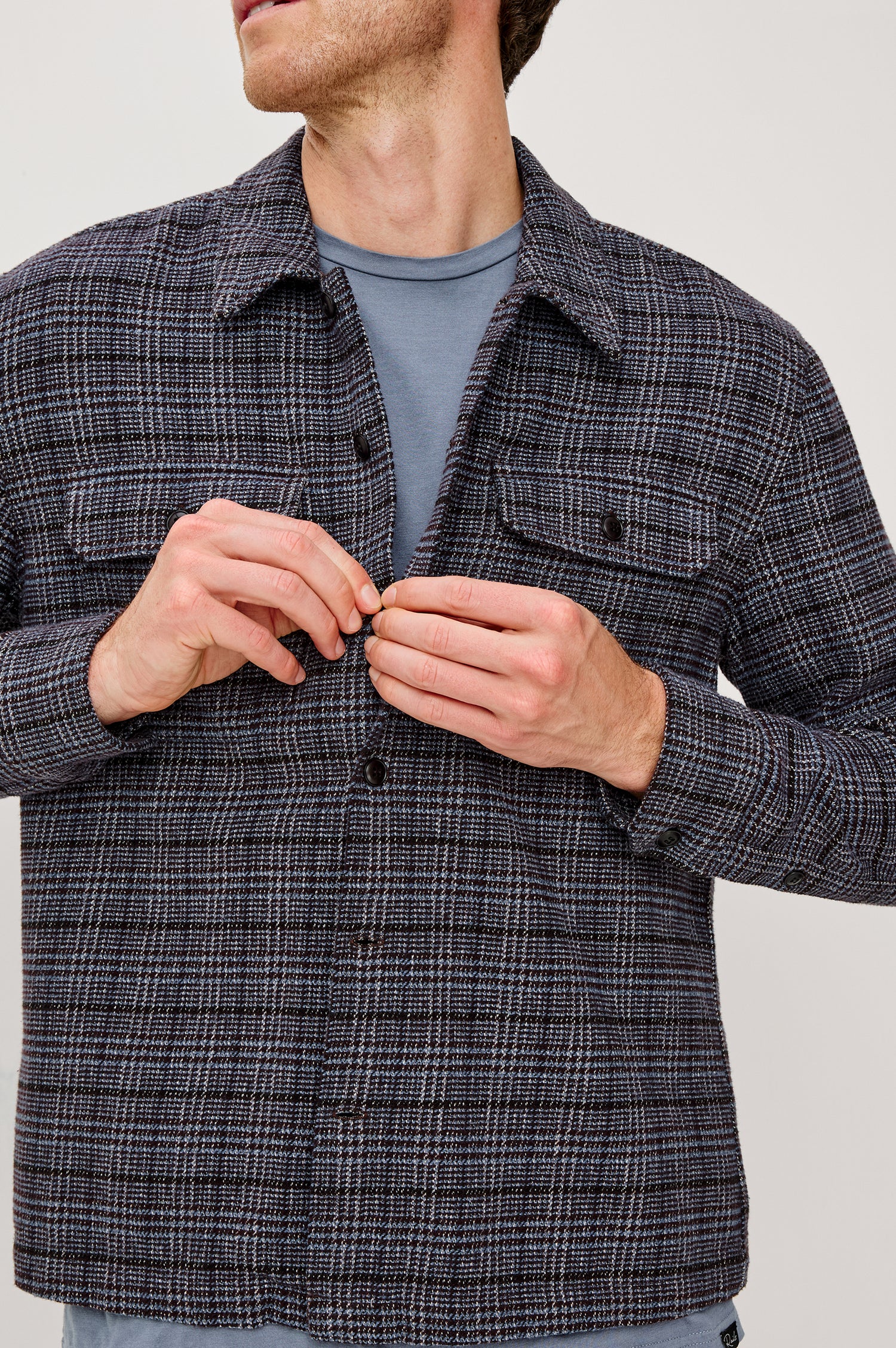 Stellan Shirt Jacket in Heavy Brushed Cotton With Collar, Front Buttons, Chest Flap Pockets, and Long Sleeves in Cedar Bay Colorway - Upper Body Front Close Up View Featured on Model