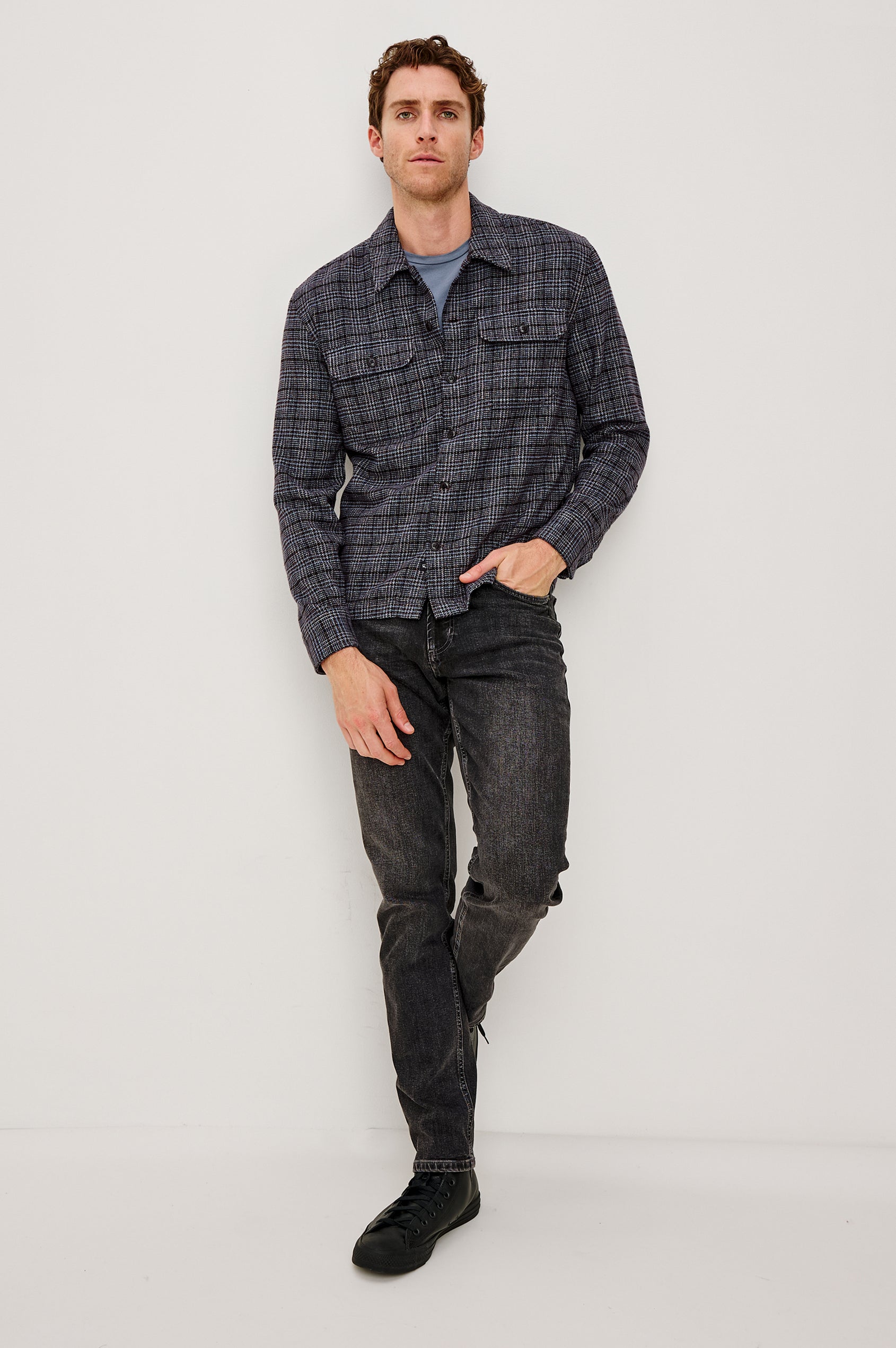 Stellan Shirt Jacket in Heavy Brushed Cotton With Collar, Front Buttons, Chest Flap Pockets, and Long Sleeves in Cedar Bay Colorway - Full Body Front View Featured on Model