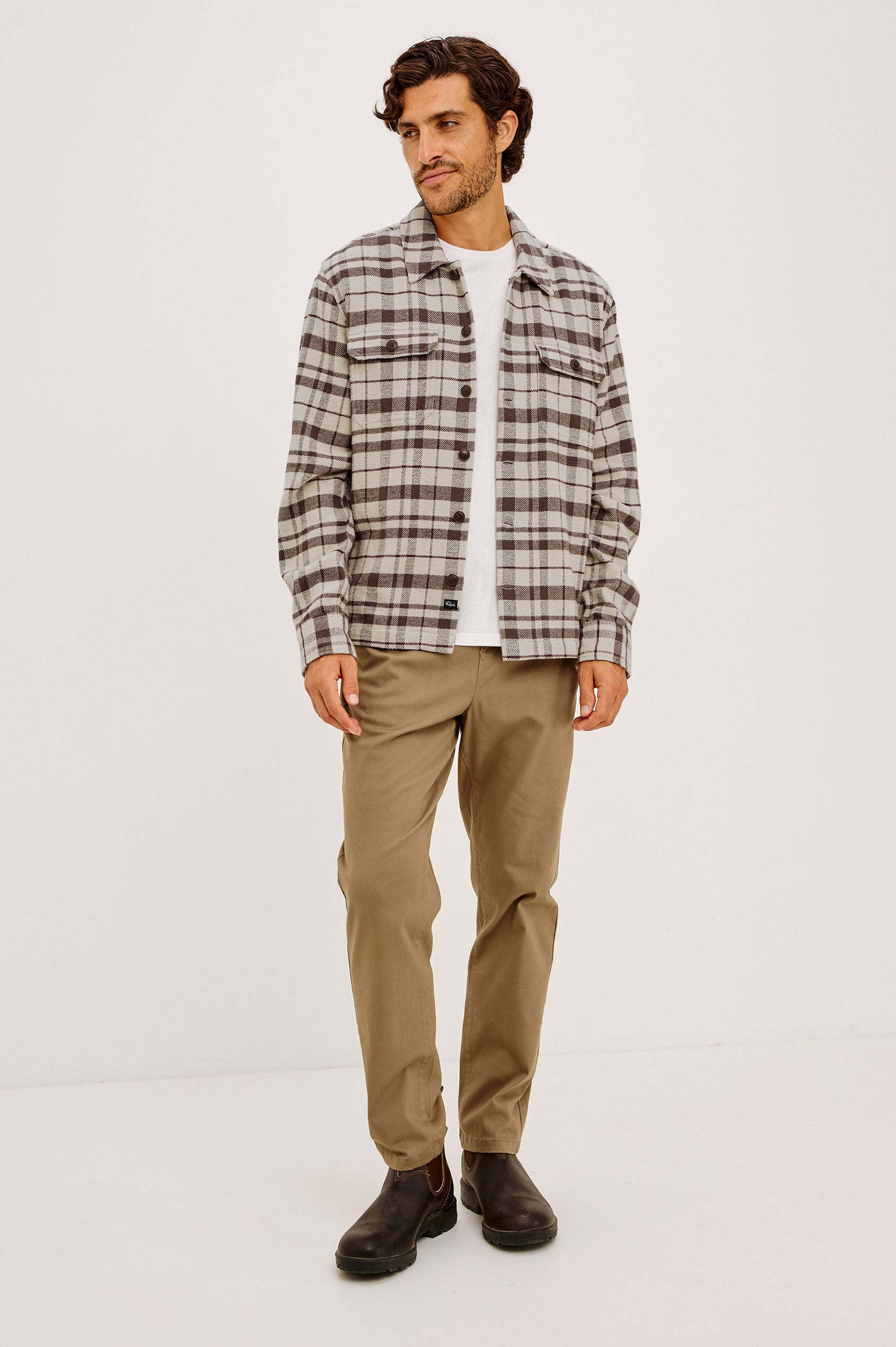 Stellan Overshirt in Brushed Cotton With Relaxed FIt, Wide Collar, Button-Front, and Dual Chest Pockets in Oat Carob Mahogany Colorway - Full Body Front View Featured on Model