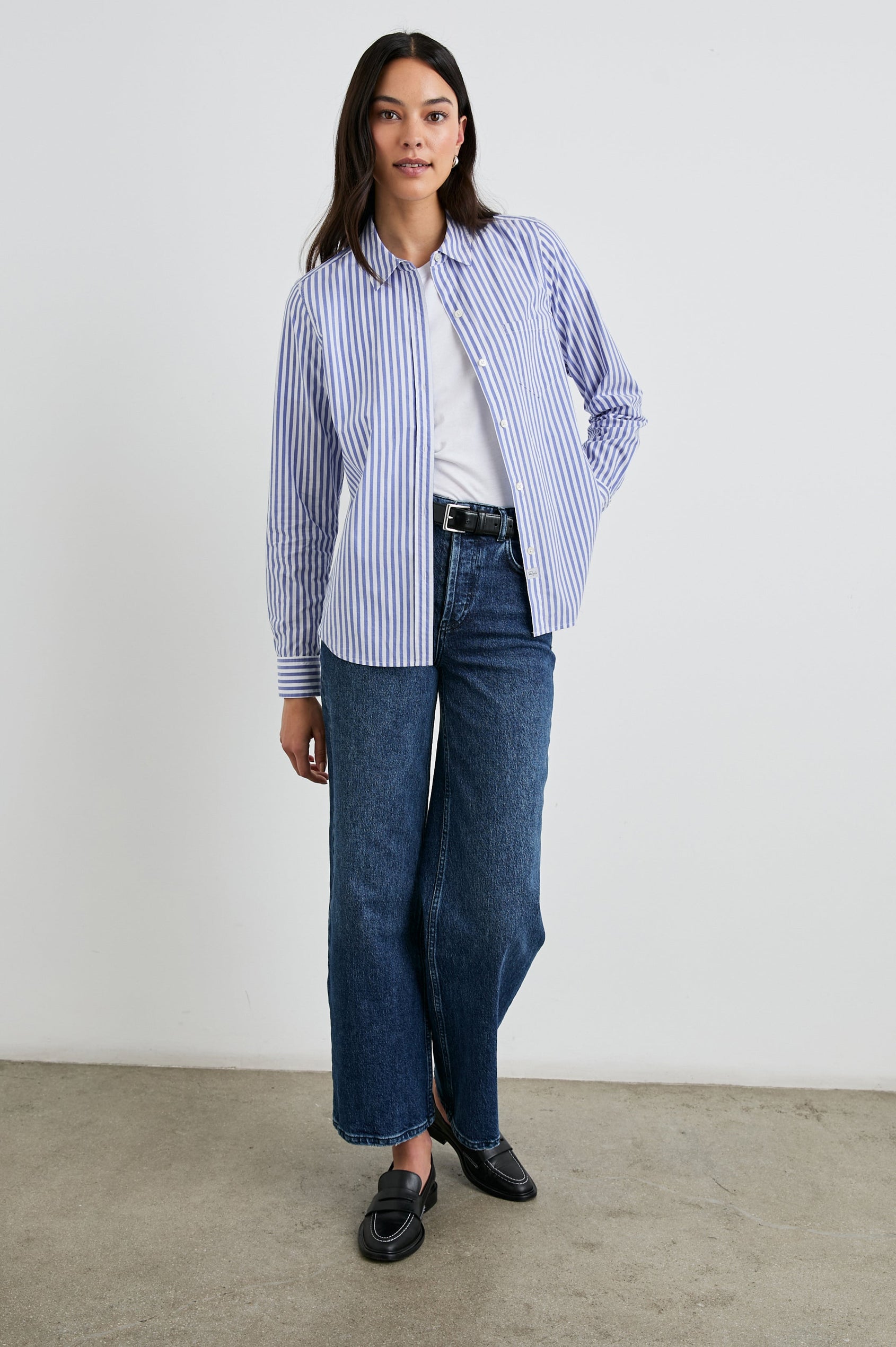Stina Long-Sleeve Button Up with a Chest Patch Pocket in Mariner White Stripe Colorway, White and Blue Vertical Stripes - Front Unbuttoned Full Body View Featured on Model