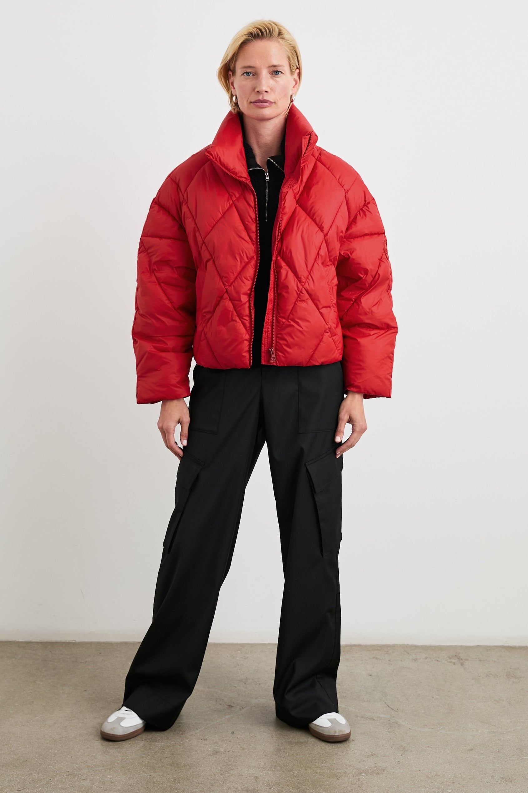 Summit Cropped Puffer Jacket with a Mid-Neck Collar, Two Pockets and a Rails Logo on the Arm in Scarlet Colorway - Front Full Body View Featured on Model