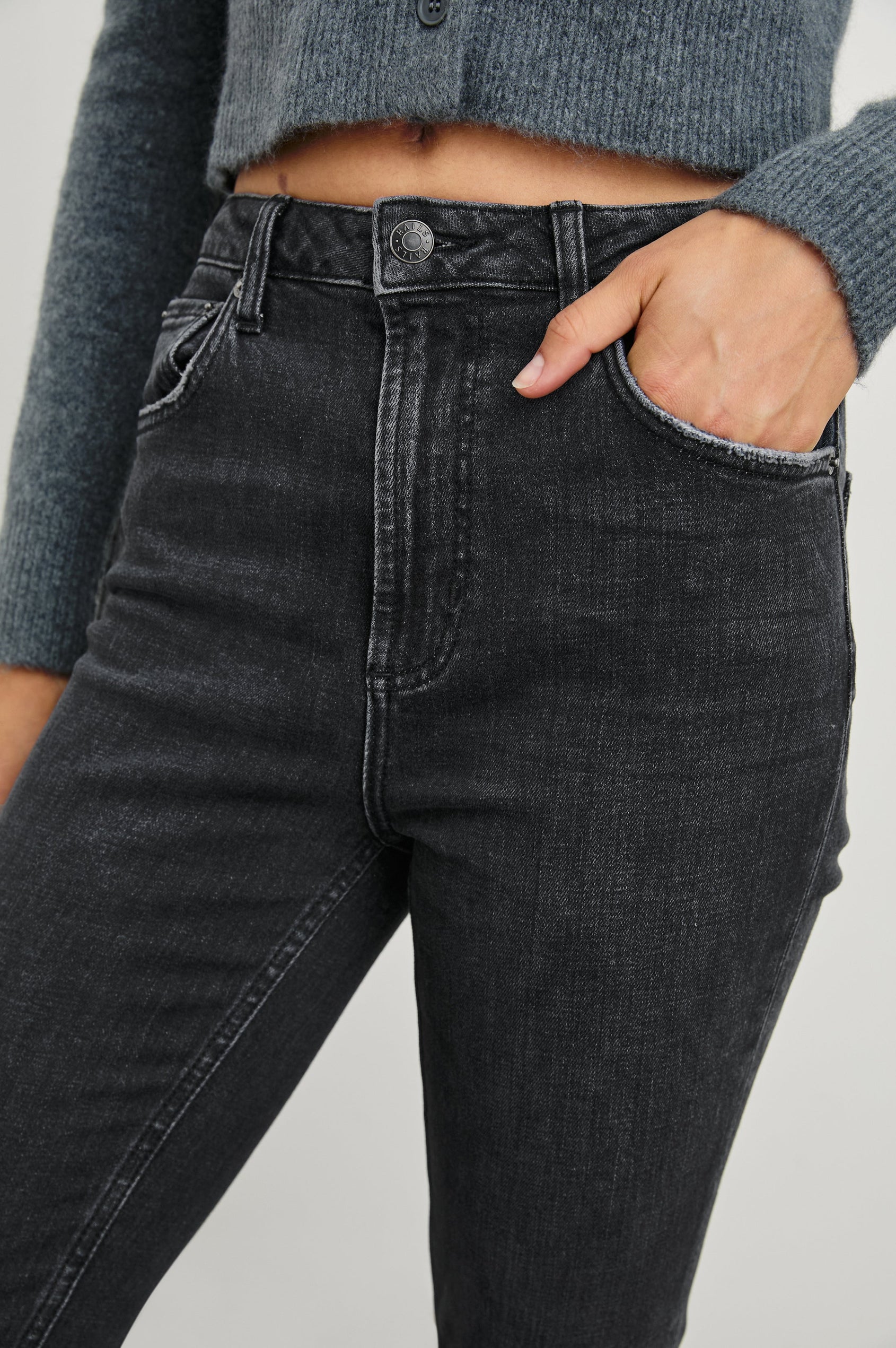 Sunset Crop Slim Fare Jeans with Belt Loops, Two Front Pockets plus a Coin Pocket and Two Back Patch Pockets in Black Pearl Colorway - Front View Featured on Model