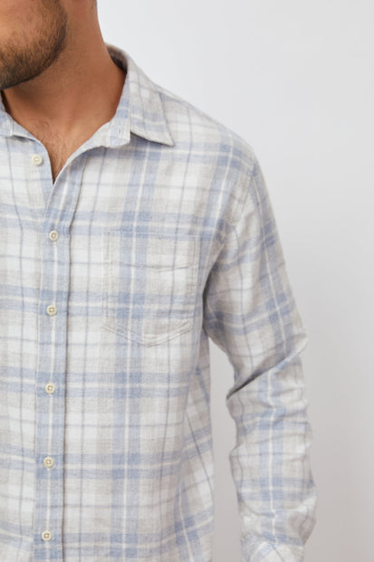 SUSSEX SHIRT - PAINTED SKY GREY MELANGE - FRONT BUTTON DETAIL