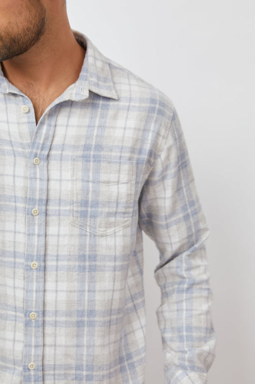 SUSSEX SHIRT - PAINTED SKY GREY MELANGE - FRONT BUTTON DETAIL