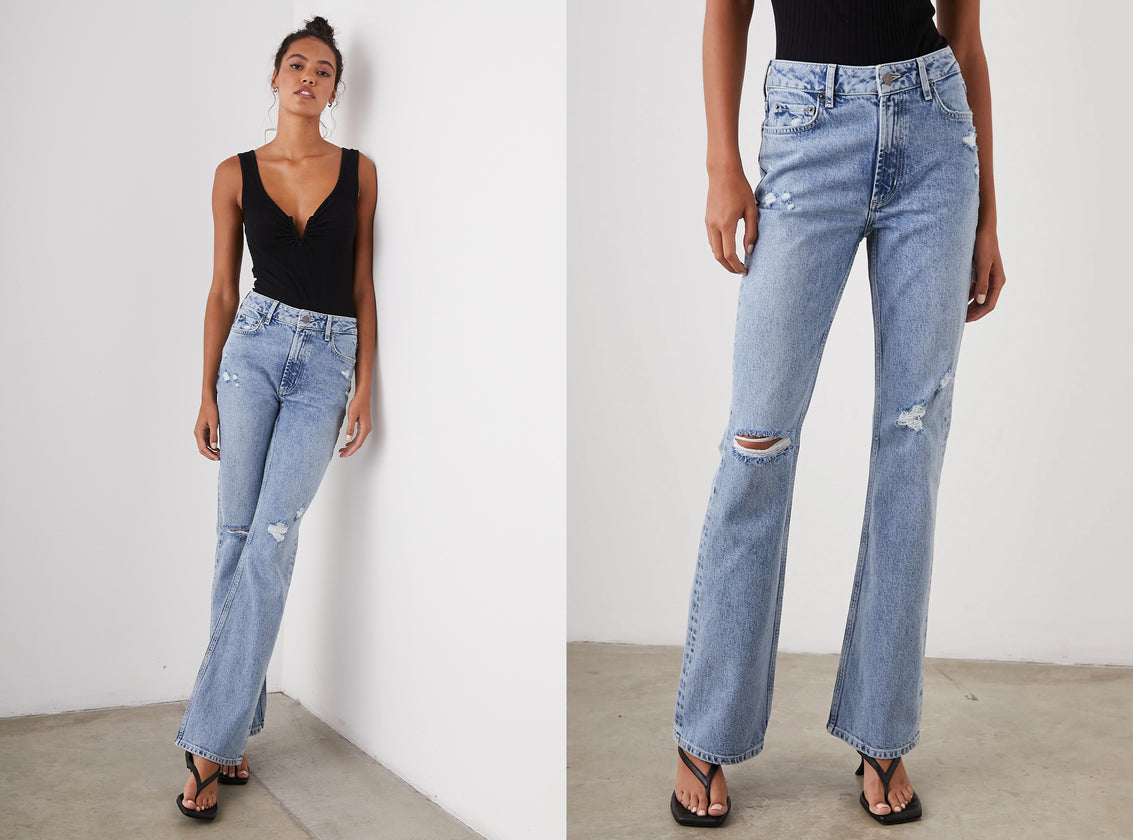 TWO SIDE BY SIDE IMAGES. FIRST IMAGE IS FRONT FULL BODY IMAGE OF MODEL WEARING SUNSET SLIM FLARE JEANS IN BLUEBELL DISTRESS. SECOND IMAGE IS FRONT IMAGE OF SUNSET SLIM FLARE JEANS IN BLUEBELL DISTRESS. 