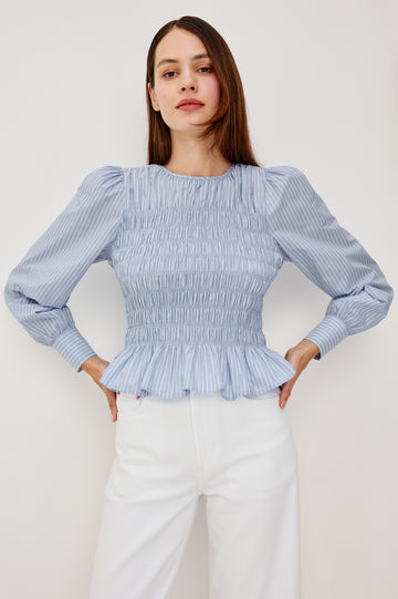 Tabi Blouse Top in Poplin With Smocked Body Long Puff Sleeves With Fitted Cuffs Contrast Embroidered Detailing and Back Keyhole Cutout in White Stripe Colorway - Upper Body Front View Featured on Model