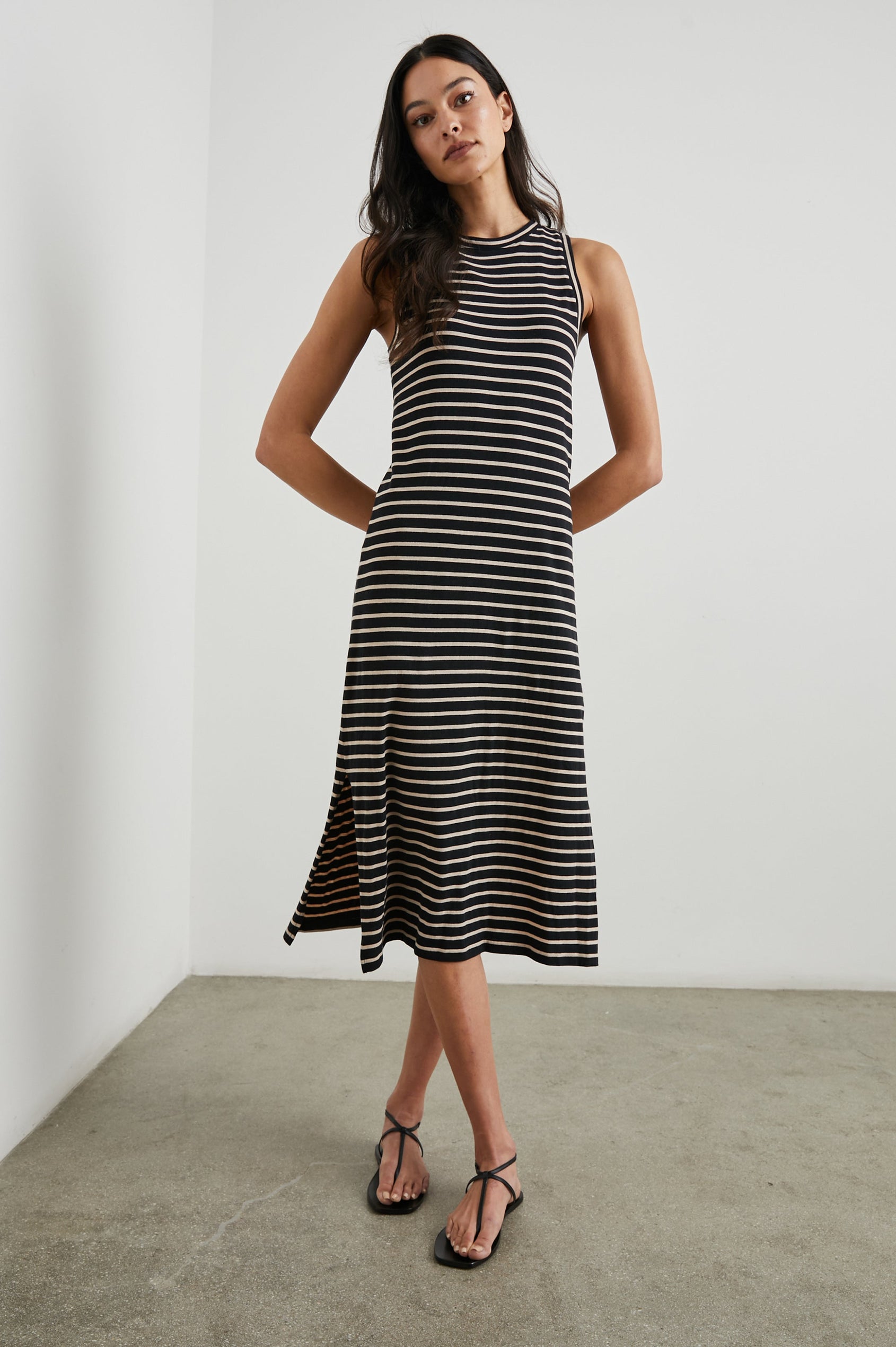 TANK-DRESS-BLACK-IVORY-STRIPE-FULL FRONT BODY