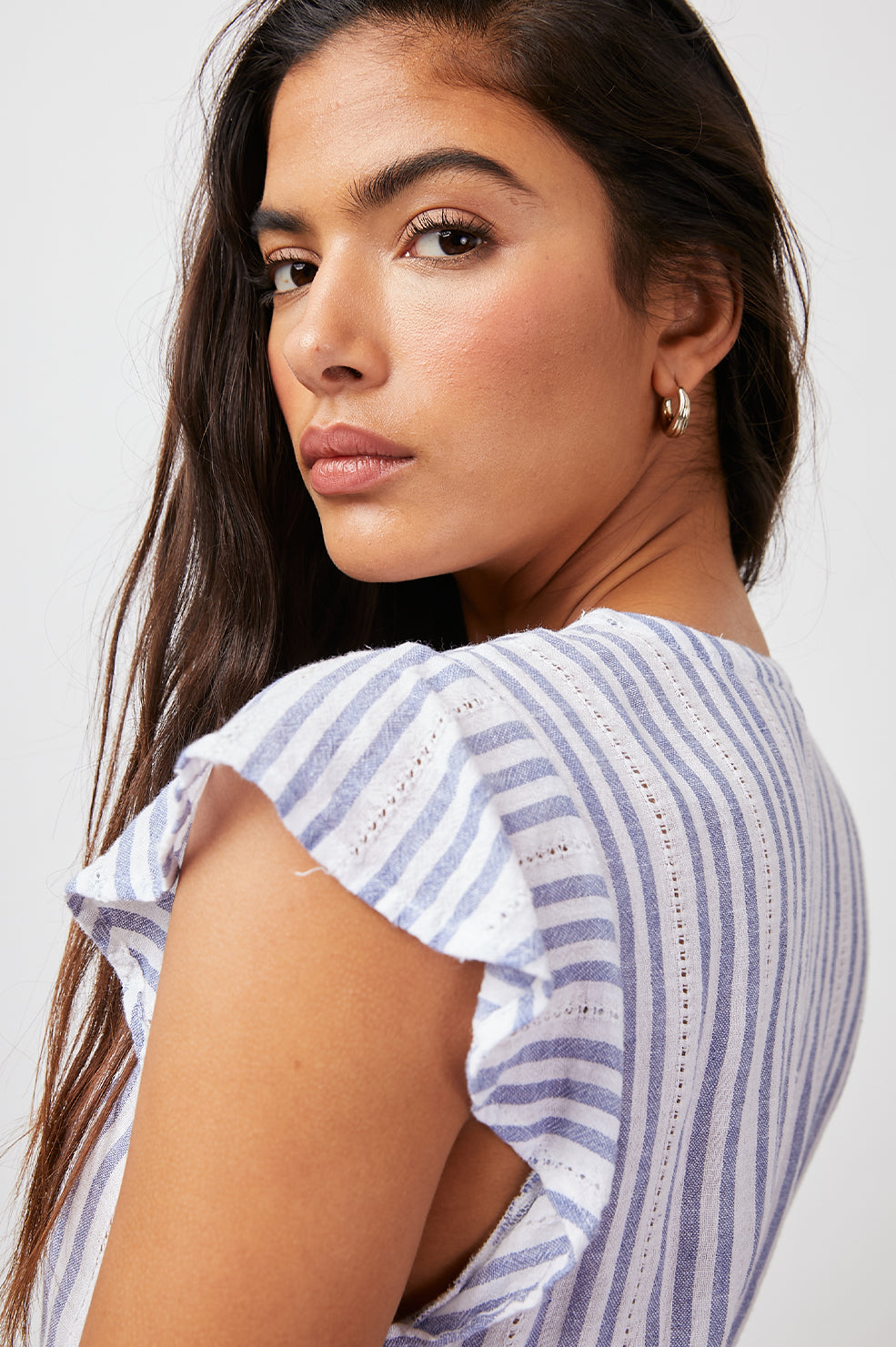 TARA BLUE CATALINA STRIPE DRESS-SLEEVE DETAIL