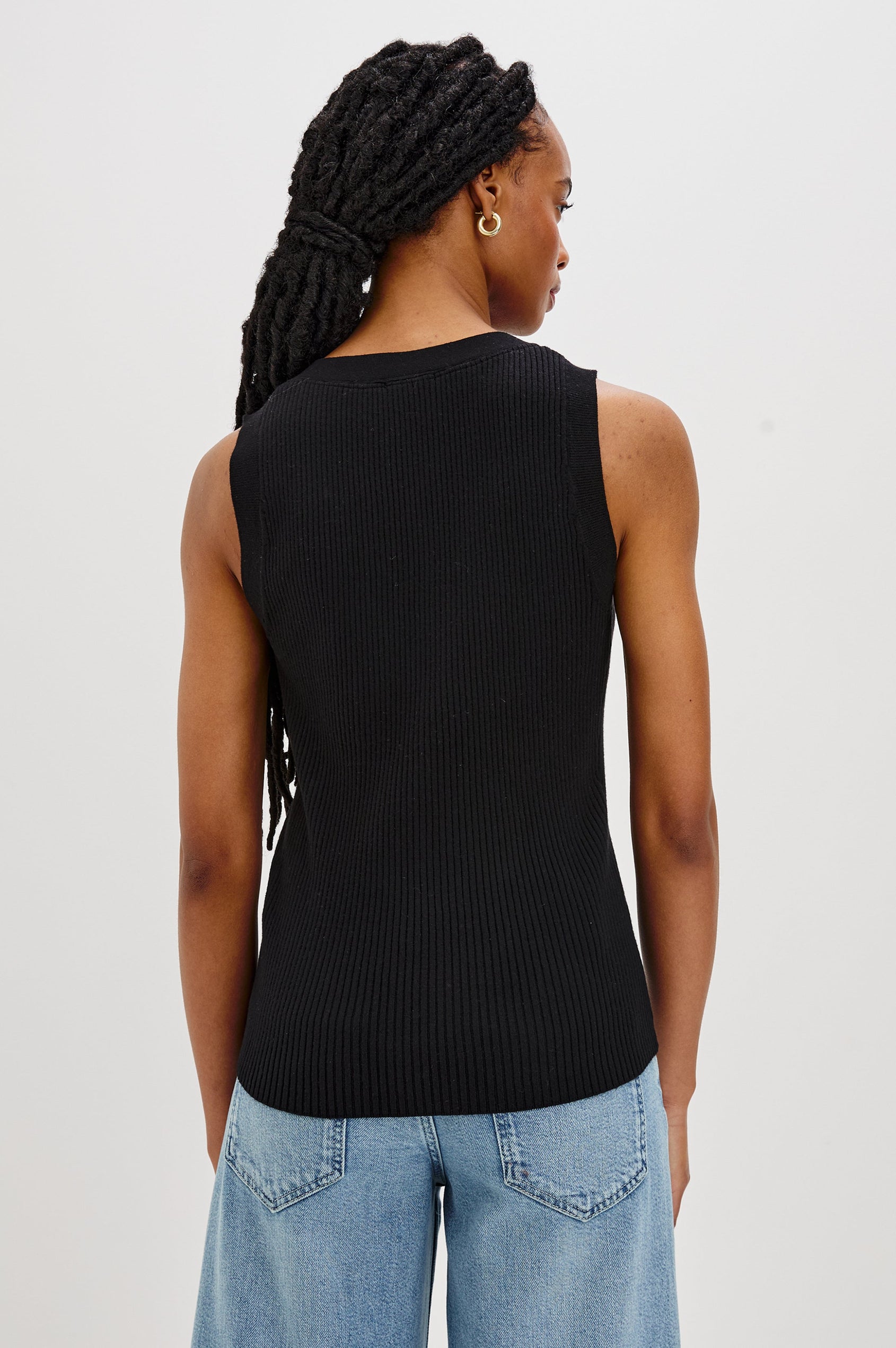 Tatia V-Neck Button Front Vest in Black Colorway. Back View Shown on Model.