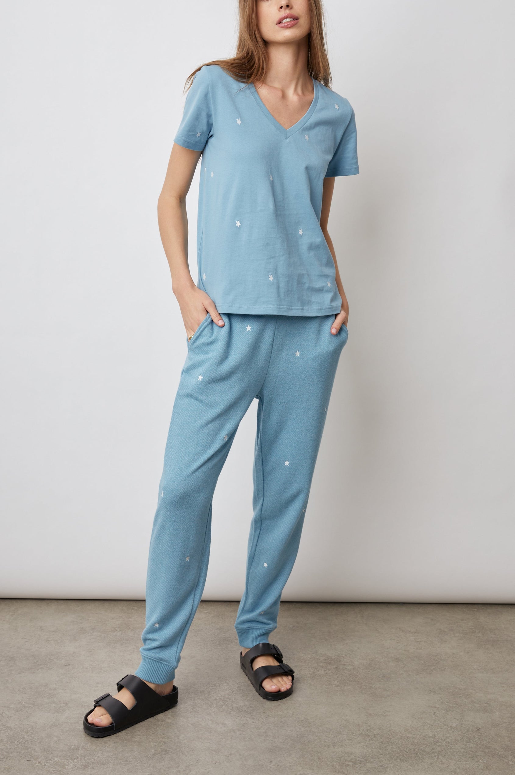 THE-CARA-V-NECK-AQUA-STARS-FULL FRONT BODY