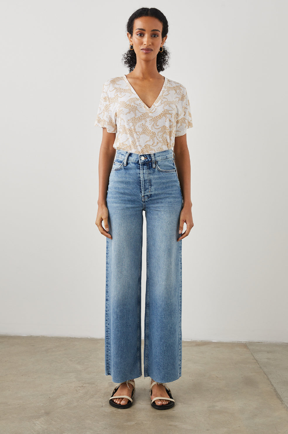 THE CARA V NECK SHIRT GOLD CHEETAH -FULL FRONT BODY