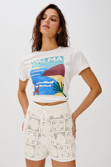 The Classic Crew Neck T-Shirt with Short Sleeves, Relaxed Fit, White Body in Palma Screen Print Colorway. Full Body Front View Shown on Model.