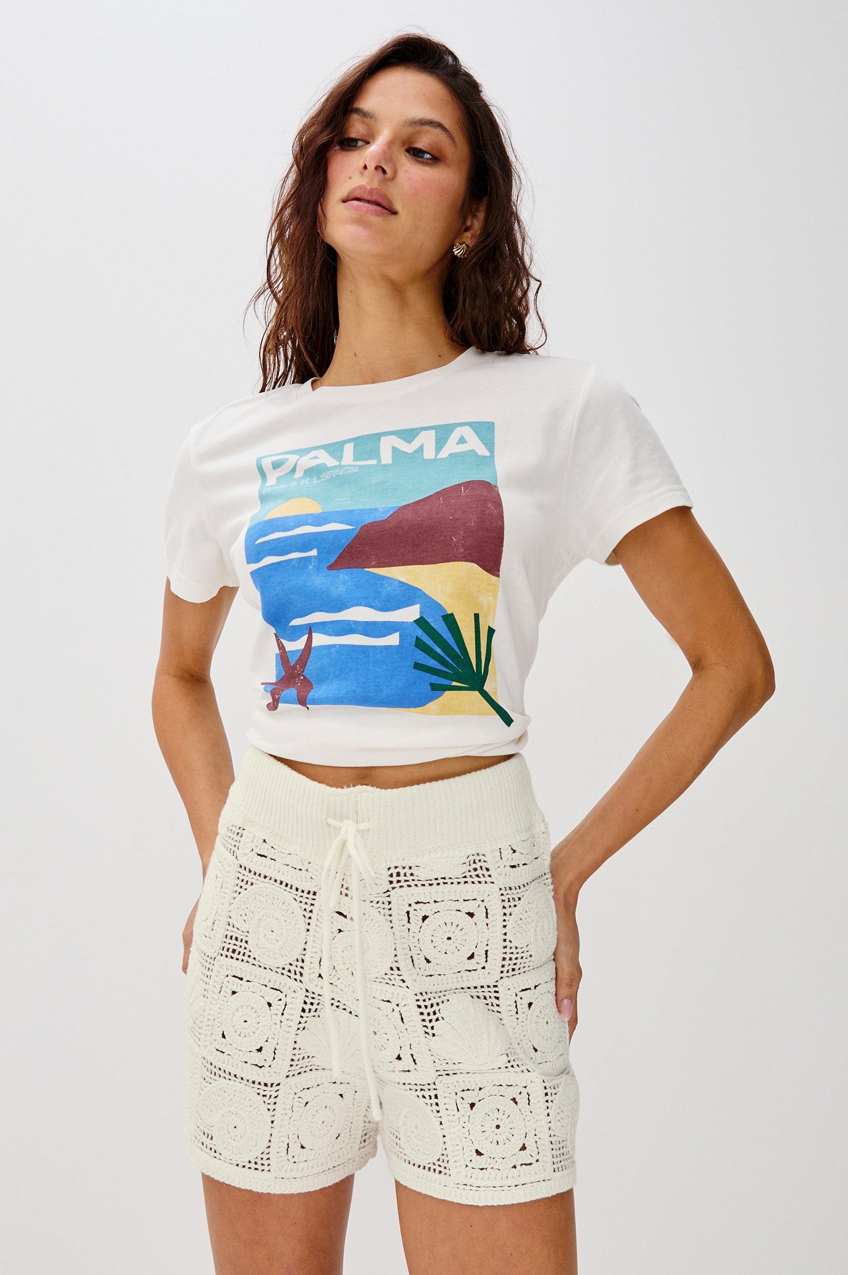 The Classic Crew Neck T-Shirt with Short Sleeves, Relaxed Fit, White Body in Palma Screen Print Colorway. Full Body Front View Shown on Model.
