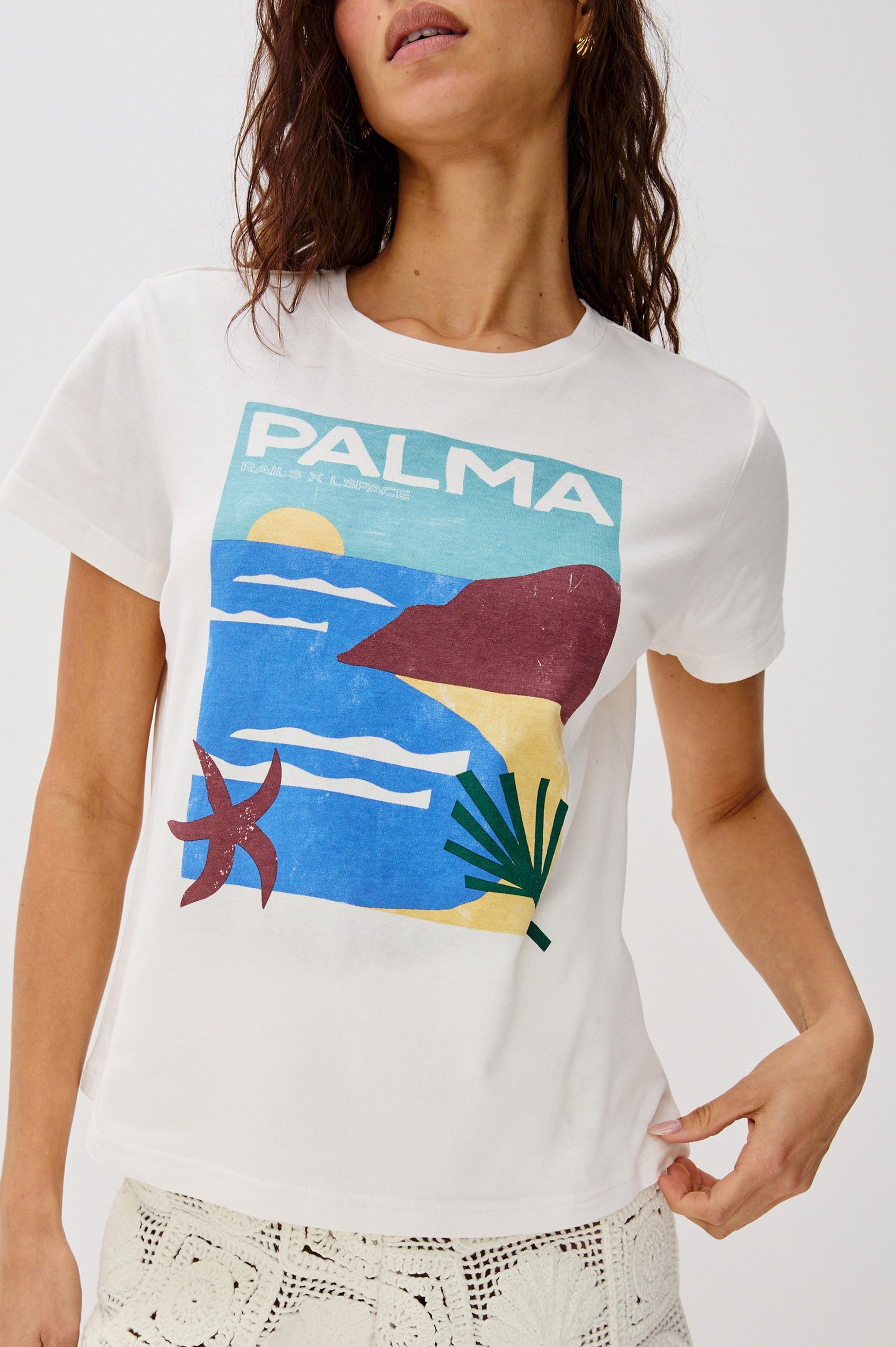The Classic Crew Neck T-Shirt with Short Sleeves, Relaxed Fit, White Body in Palma Screen Print Colorway. Front Detailed View Shown on Model.