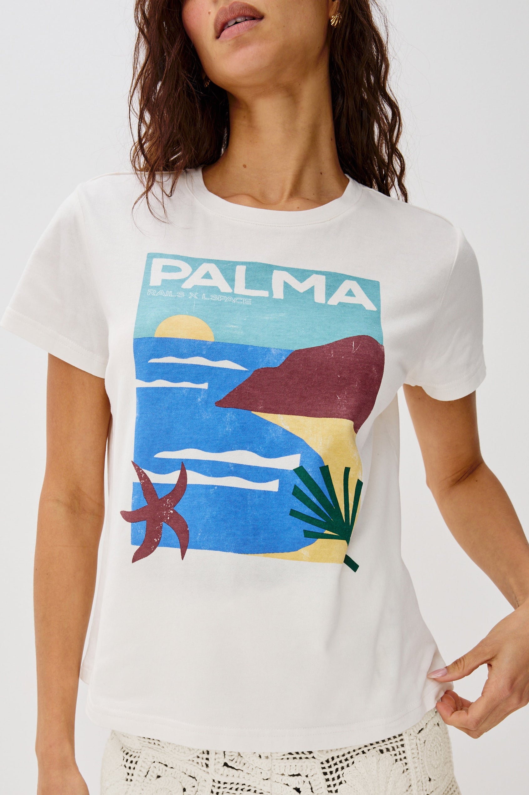 The Classic Crew Neck T-Shirt with Short Sleeves, Relaxed Fit, White Body in Palma Screen Print Colorway. Front Detailed View Shown on Model.