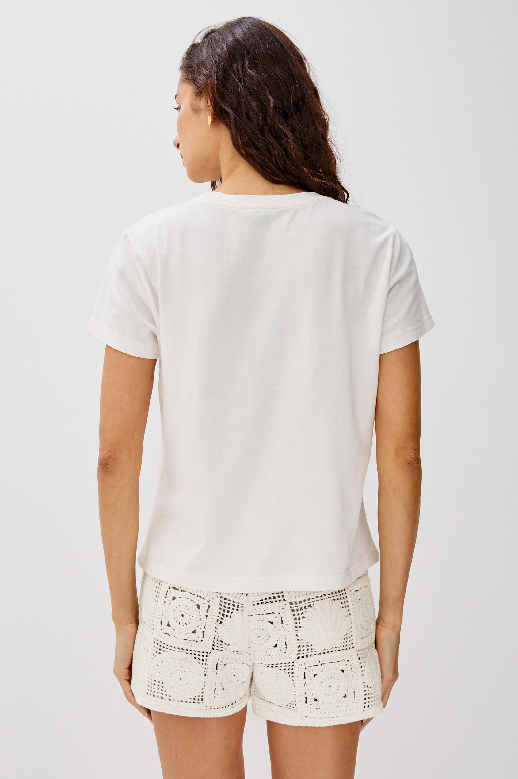 The Classic Crew Neck T-Shirt with Short Sleeves, Relaxed Fit, White Body in Palma Screen Print Colorway. Back View Shown on Model.