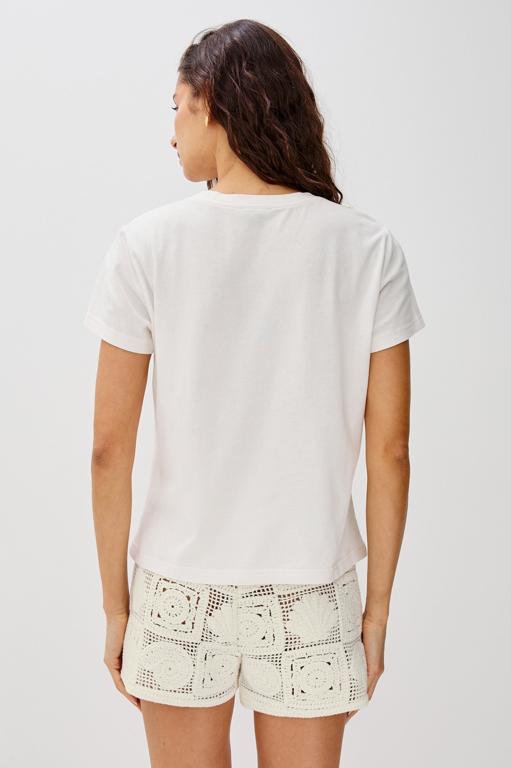 The Classic Crew Neck T-Shirt with Short Sleeves, Relaxed Fit, White Body in Palma Screen Print Colorway. Back View Shown on Model.