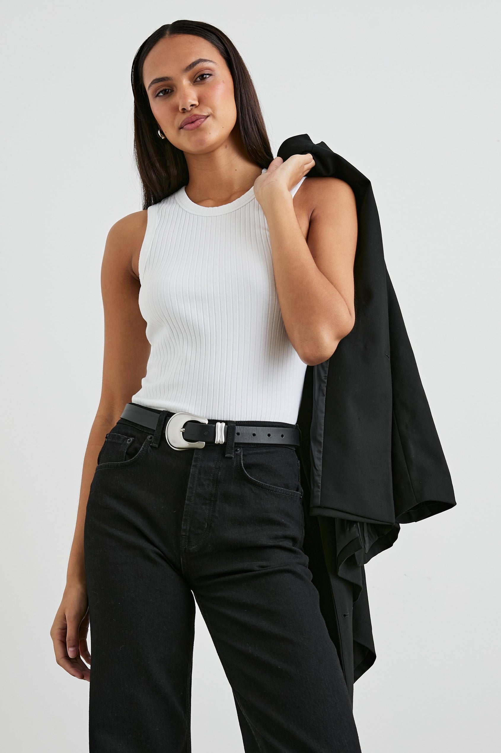 The Racer Ribbed Tank with a Crew Neckline in White Colorway - Front View Featured on Model