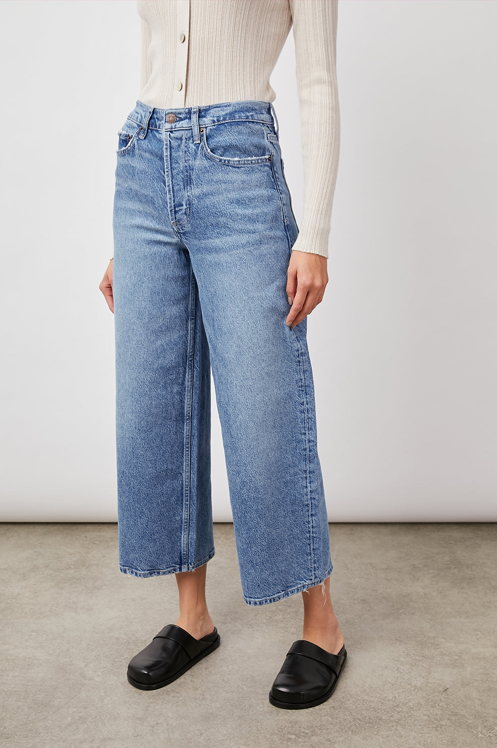 Getty Crop Wide Leg Denim Pants with Belt Loops, Two Front Pockets and Two Back Patch Pockets in Geranium Colorway - Front View Featured on Model