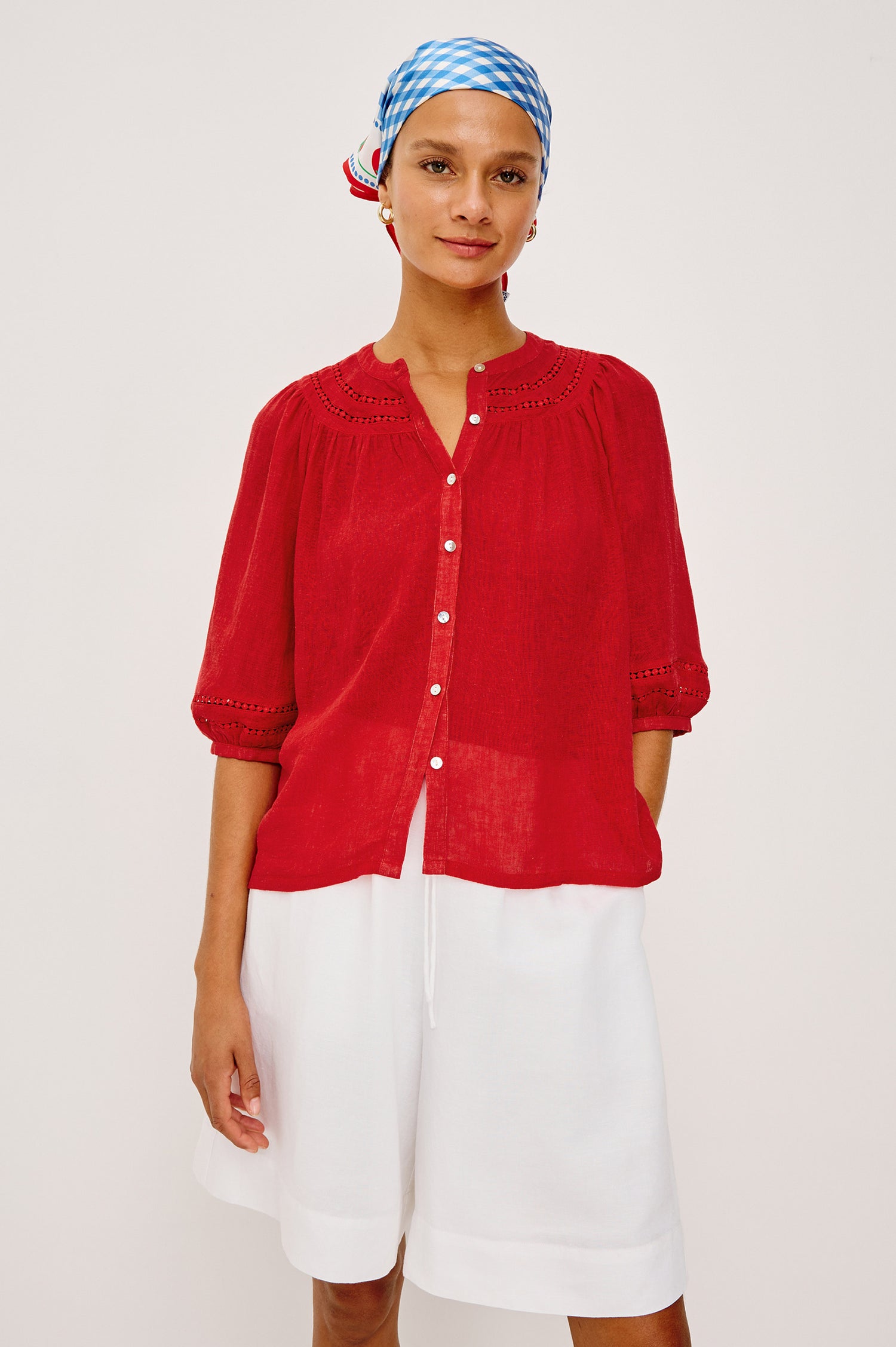 Theia Top in Luxe Linen With Crew Neckline, Front Buttons, Relaxed Fit, Embroidered Detailing, and Elbow-Length Puff Sleeves in Tomato Colorway - Upper Body Front View Featured on Model