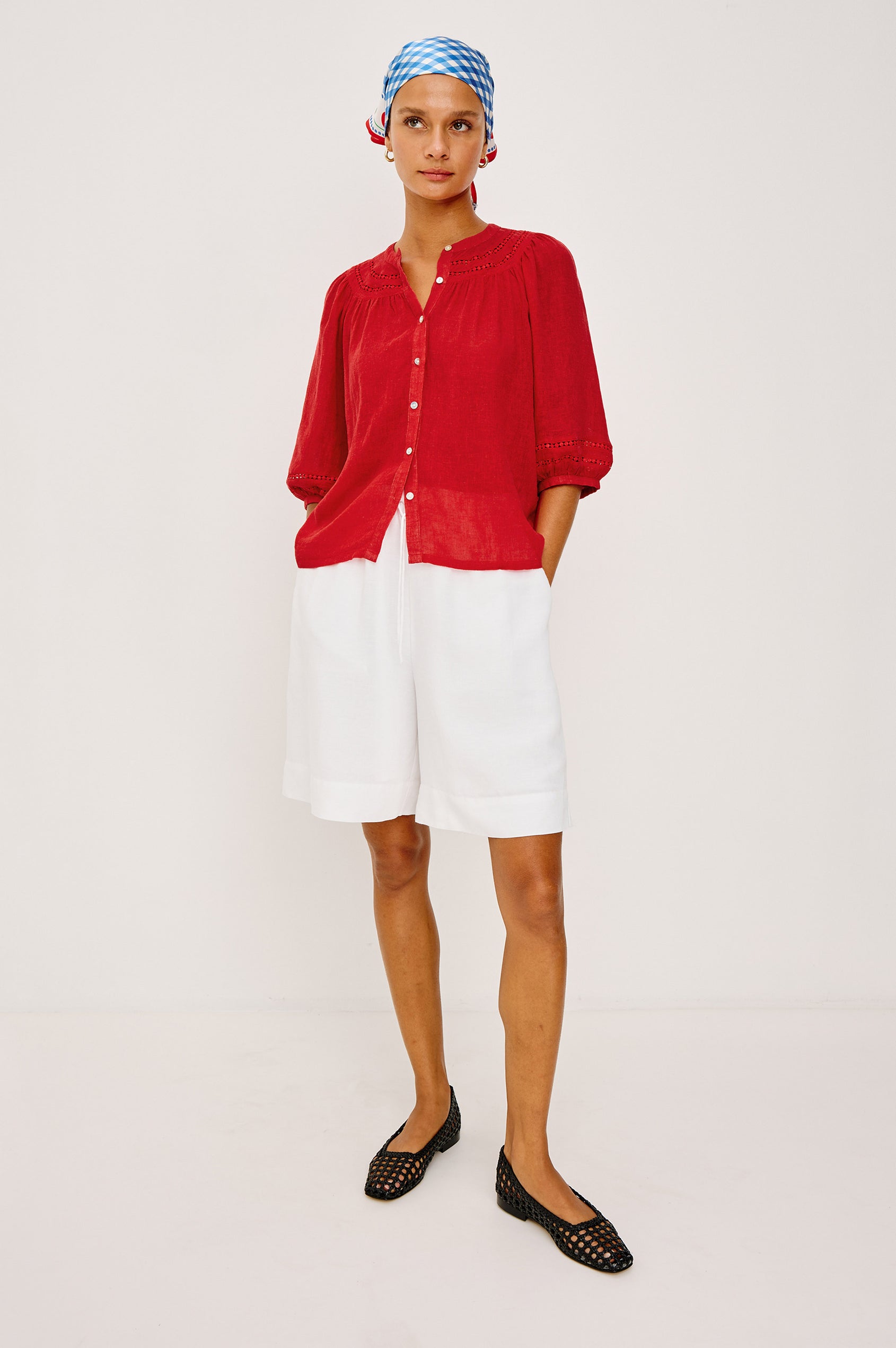 Theia Top in Luxe Linen With Crew Neckline, Front Buttons, Relaxed Fit, Embroidered Detailing, and Elbow-Length Puff Sleeves in Tomato Colorway - Full Body Front View Featured on Model