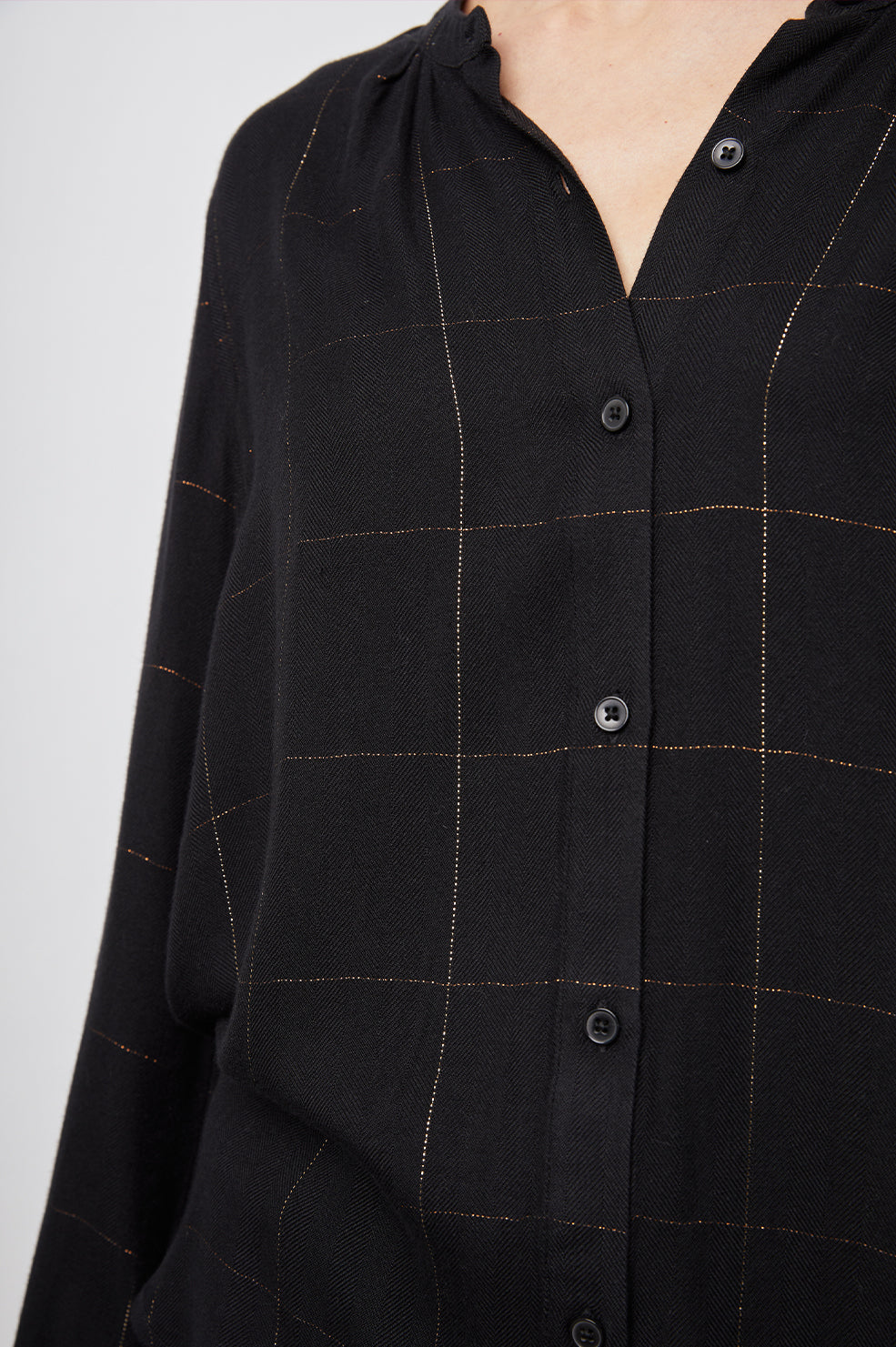 Eloise Long-Sleeve Button Up with an Open Collar in Ebony Tinsel Colorway, a plaid - Front View Featured on Model