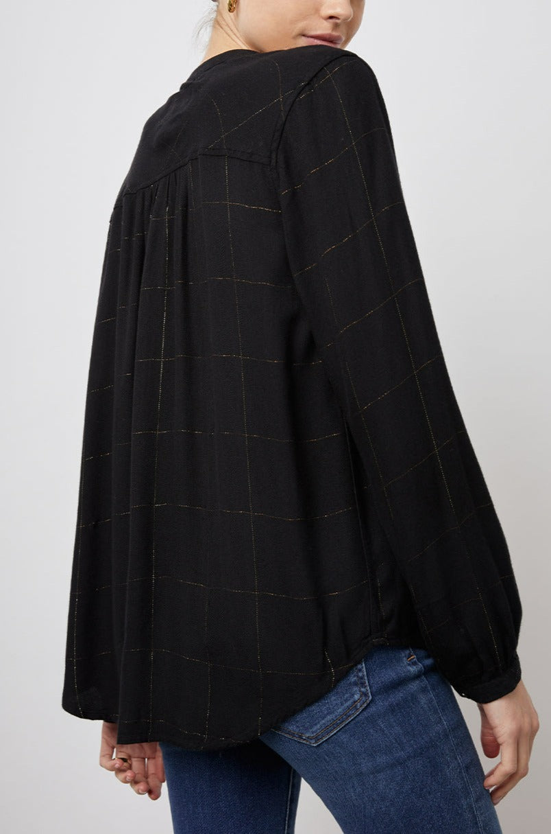 Eloise Long-Sleeve Button Up with an Open Collar in Ebony Tinsel Colorway, a plaid - Back View Featured on Model
