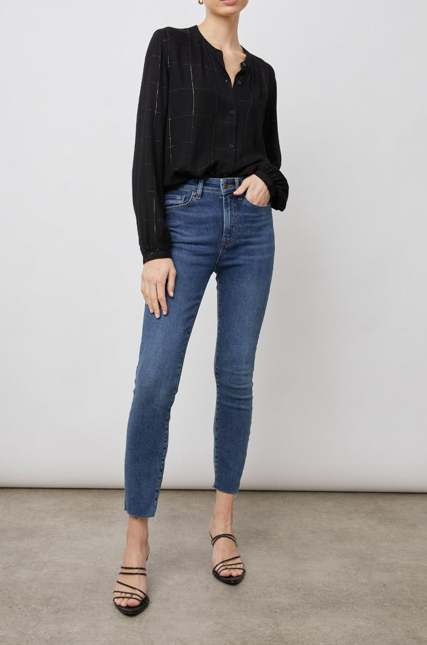 Eloise Long-Sleeve Button Up with an Open Collar in Ebony Tinsel Colorway, a plaid - Front Tucked Full Body View Featured on Model