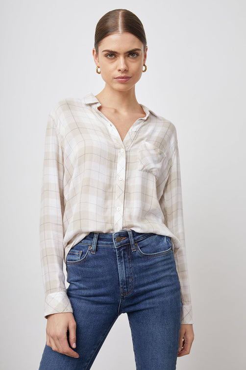 HUNTER WHITE ALMOND SHIRT- FRONT TUCKED IN