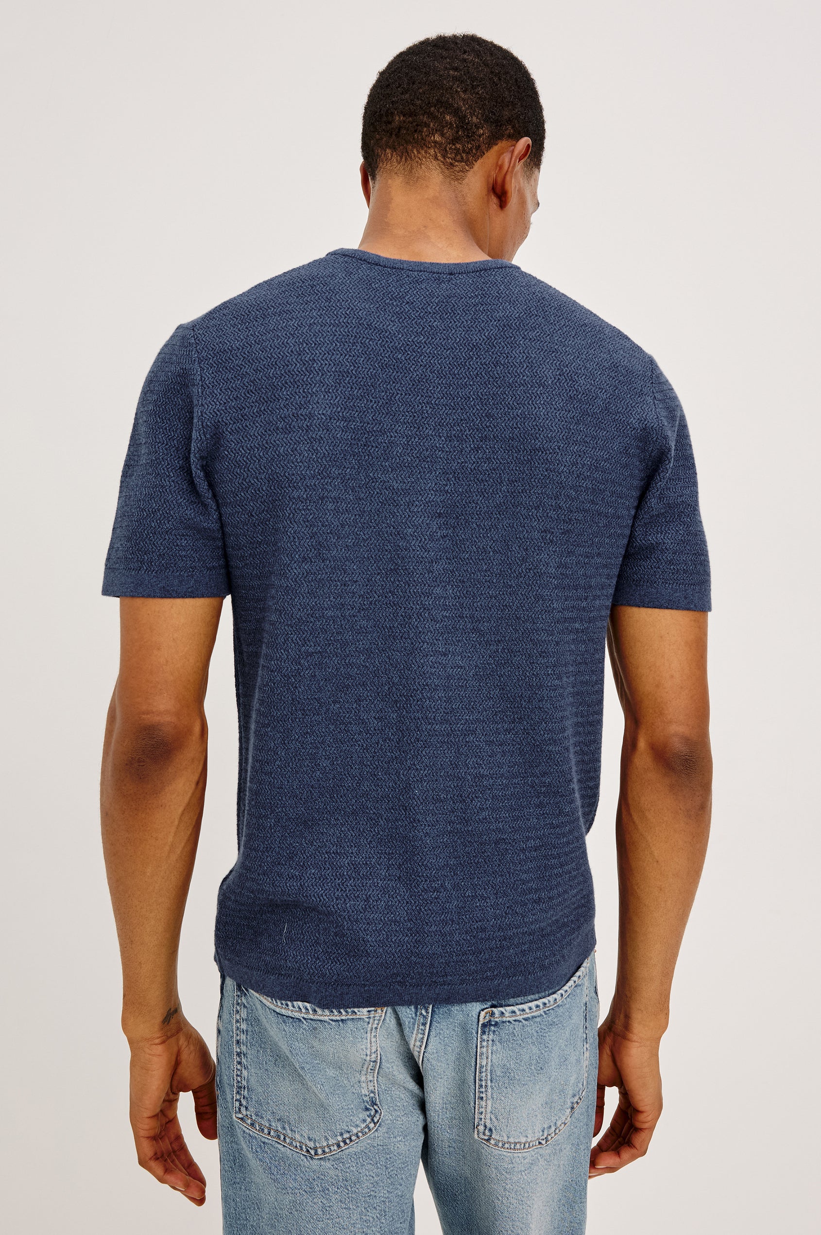 Theo T-Shirt in Ribbed Cotton-Cashmere With Crew Neckline, Short Sleeves, and Classic Fit in Harbour Colorway - back View Featured on Model