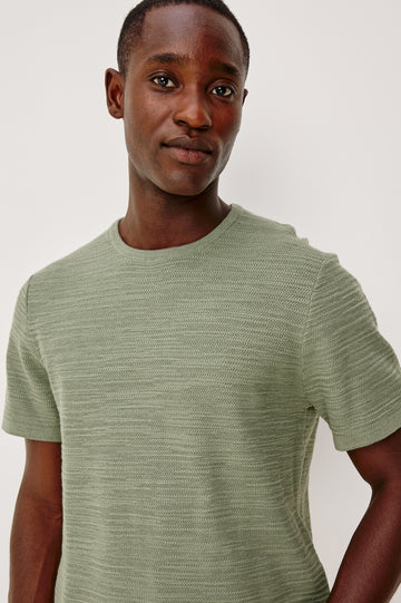 Theo T-Shirt in Ribbed Cotton-Cashmere With Crew Neckline, Short Sleeves, and Classic Fit in Silver Sage Colorway - Upper Body Front View Featured on Model