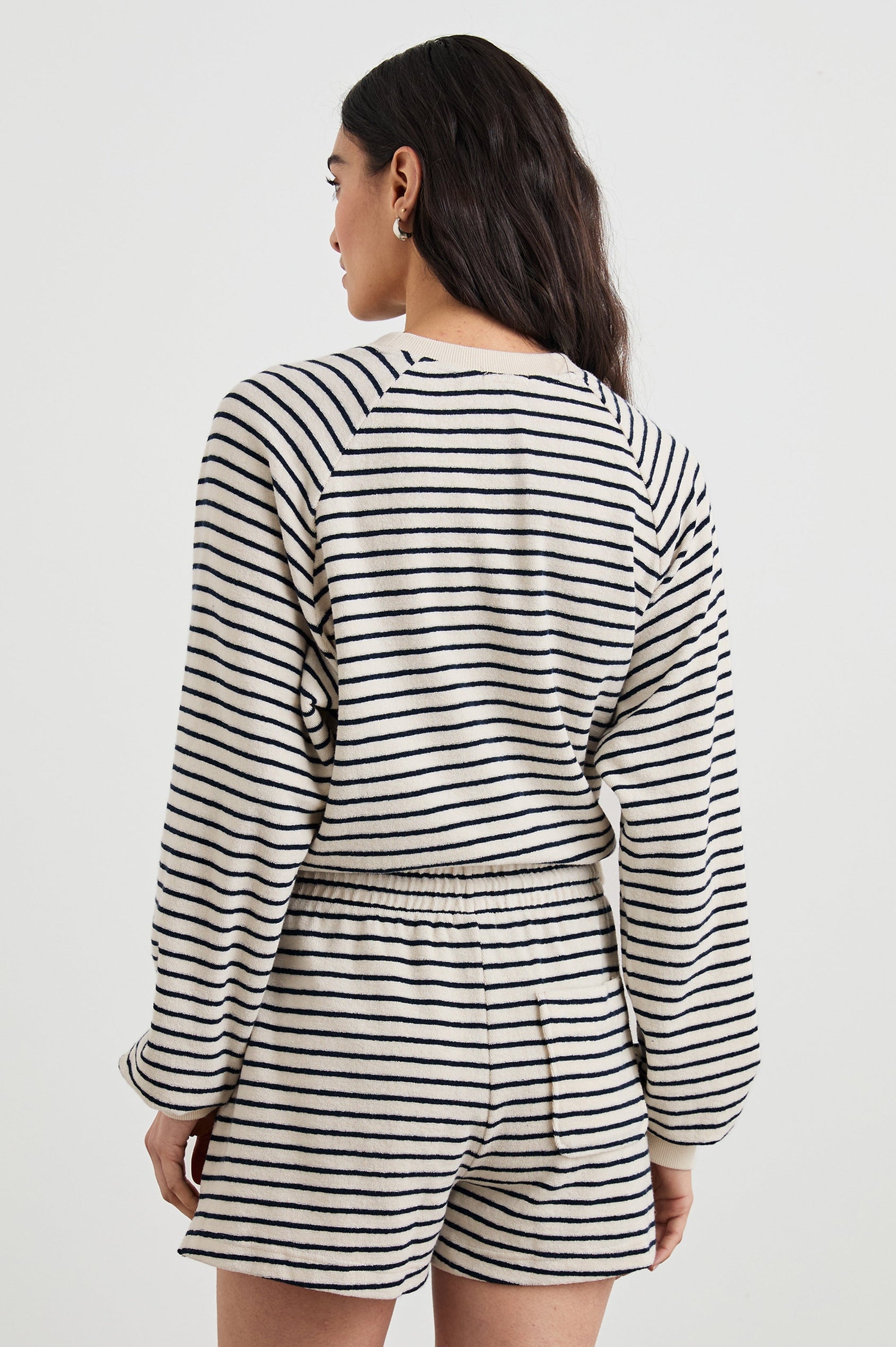 Theron Long-Sleeve Sweatshirt with a Crew Neck in Sailor Stripe Terry Towel Colorway, Navy and Cream Horizontal Stripes - Back View Featured on Model