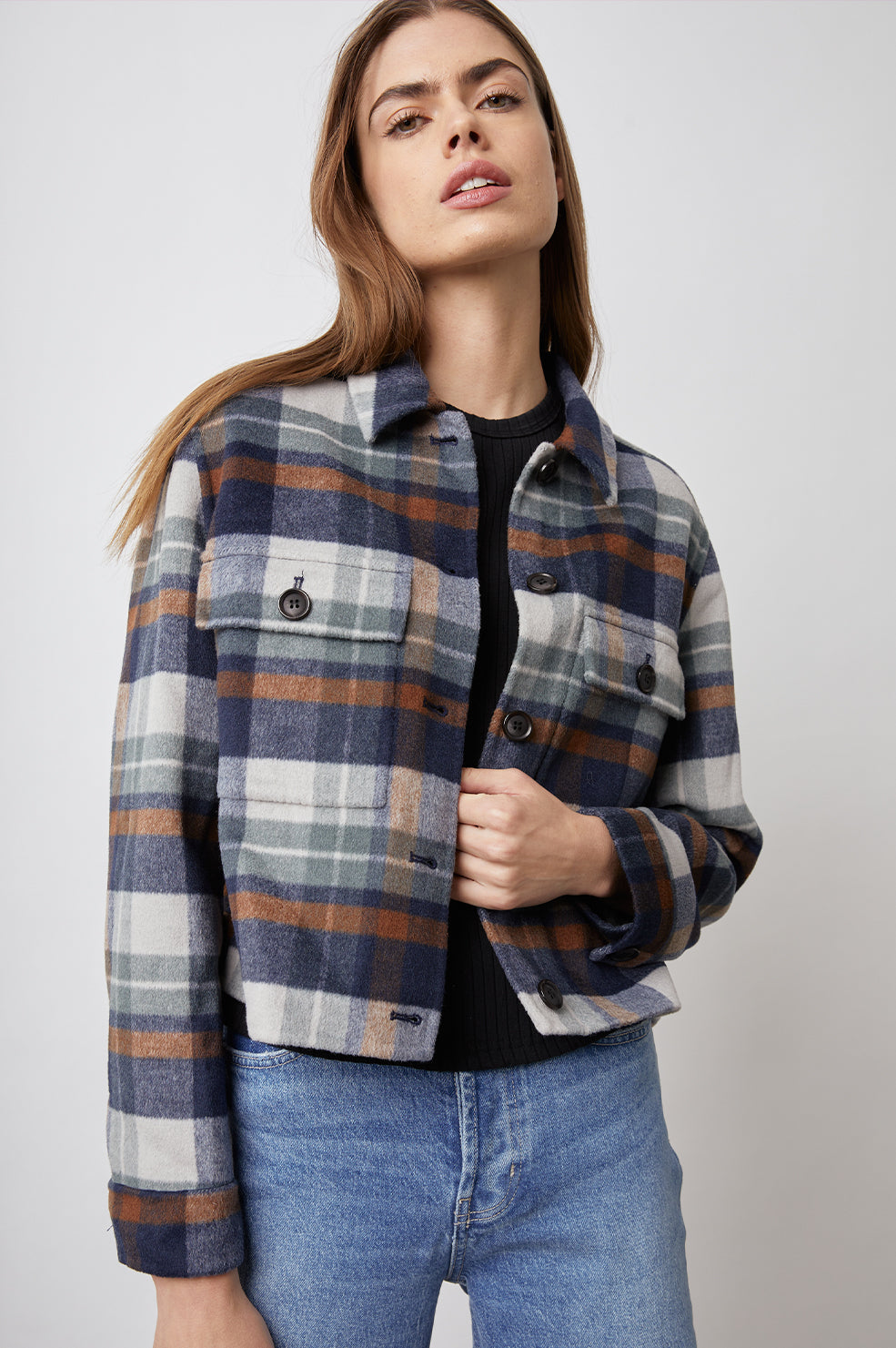STEFFI VAIL PLAID JACKET- FRONT IN MOTION