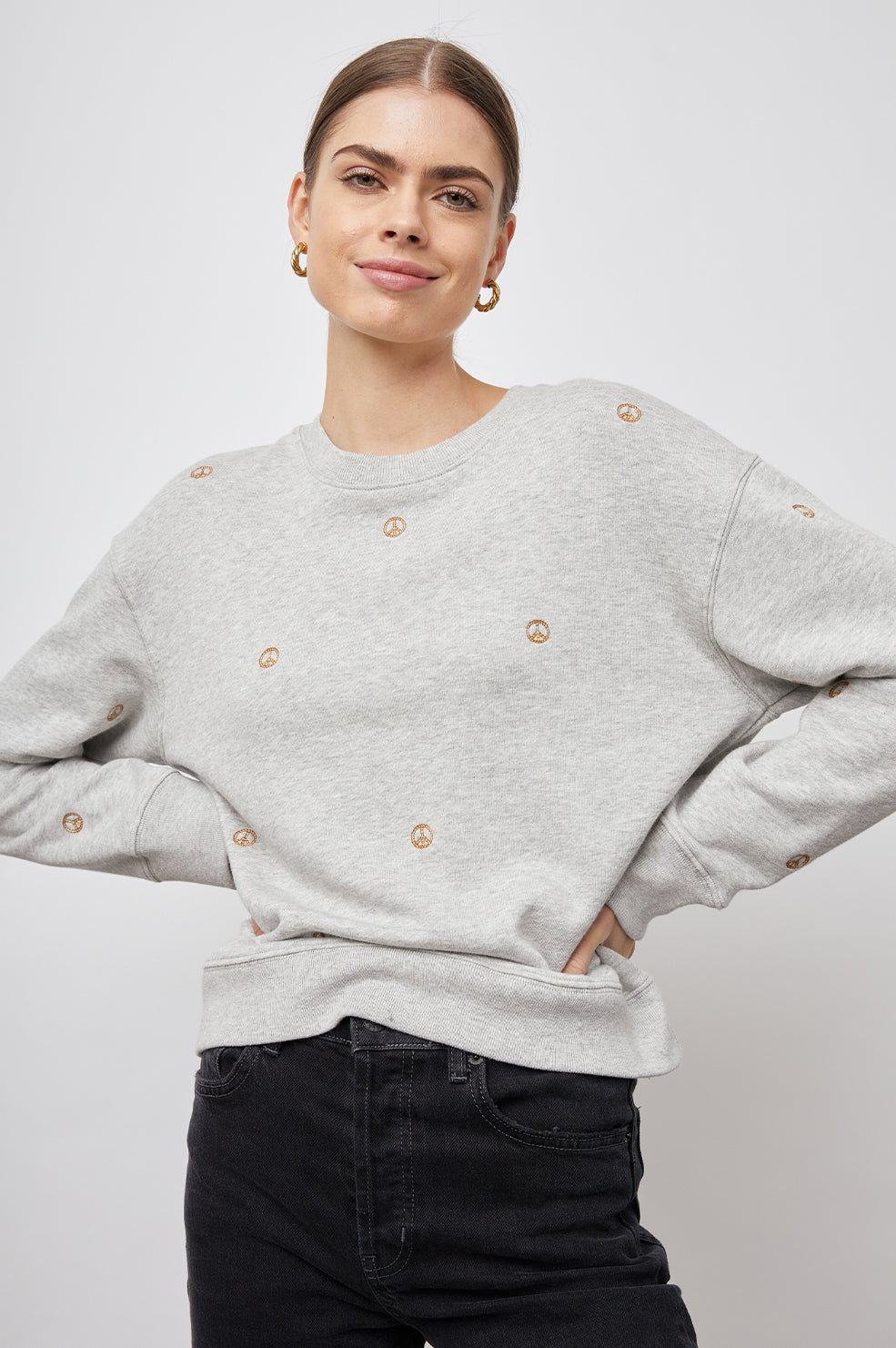RAMONA HEATHER GREY PEACE SIGNS SWEATER-FRONT UNTUCKED