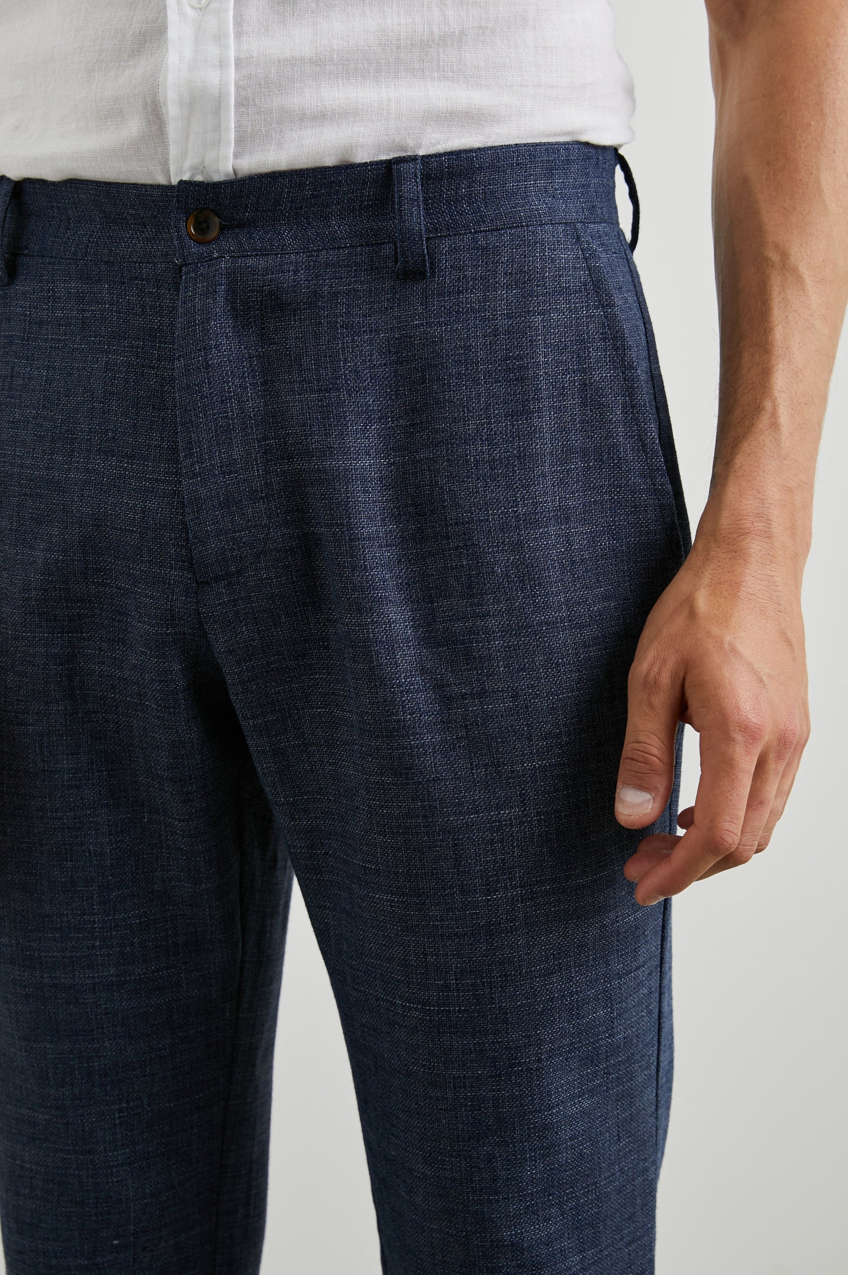 Thomas Pants with Two Front Pockets, Two Back Welt Pockets and Belt Loops in Navy Melange Colorway - Front View Featured on Model