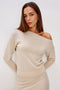 Tianna Off-Shoulder Sweater in Wool Blend With Dropped Shoulders, Long Sleeves, and Ribbed Trim in Ivory Colorway - Upper Body Close Up View Featured on Model