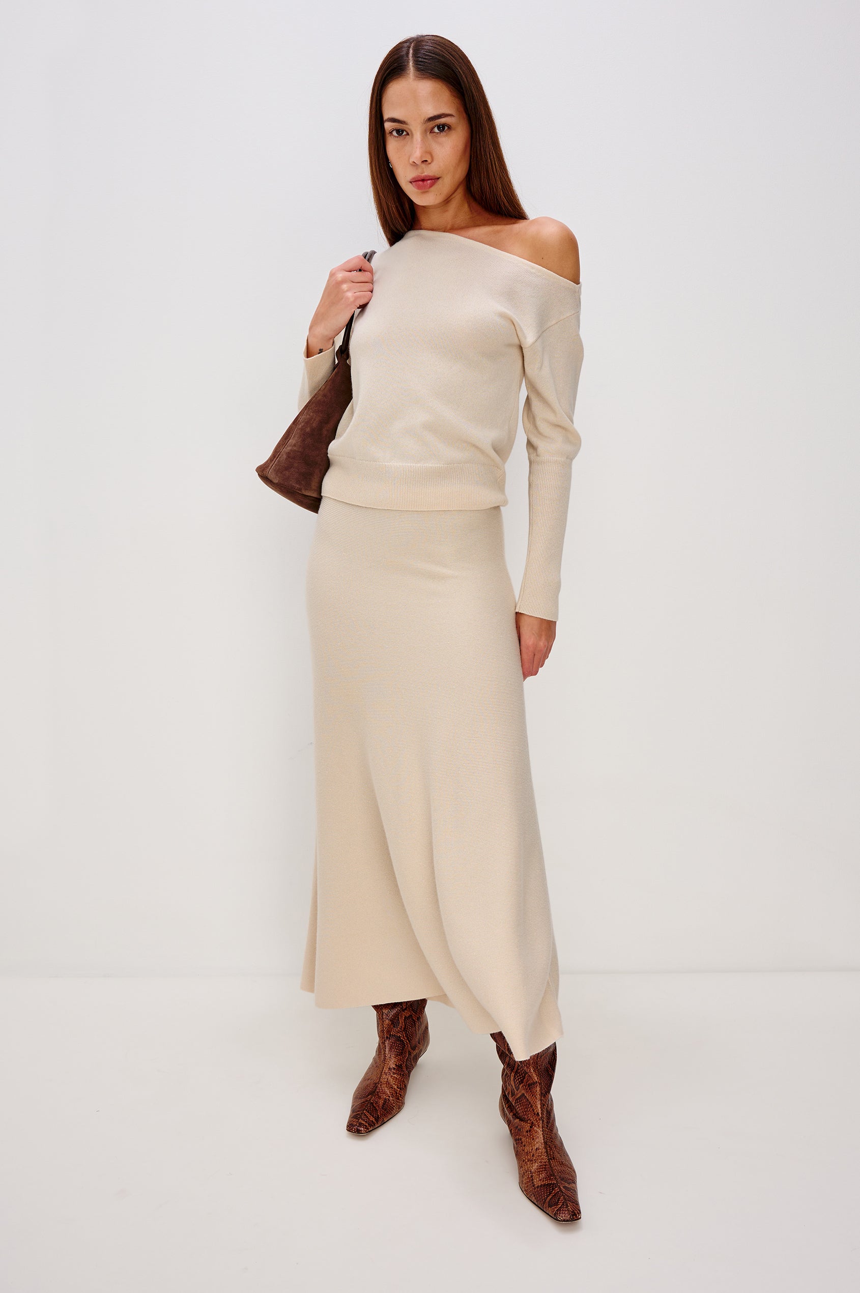 Tianna Off-Shoulder Sweater in Wool Blend With Dropped Shoulders, Long Sleeves, and Ribbed Trim in Ivory Colorway - Upper Body Back View Featured on Model
