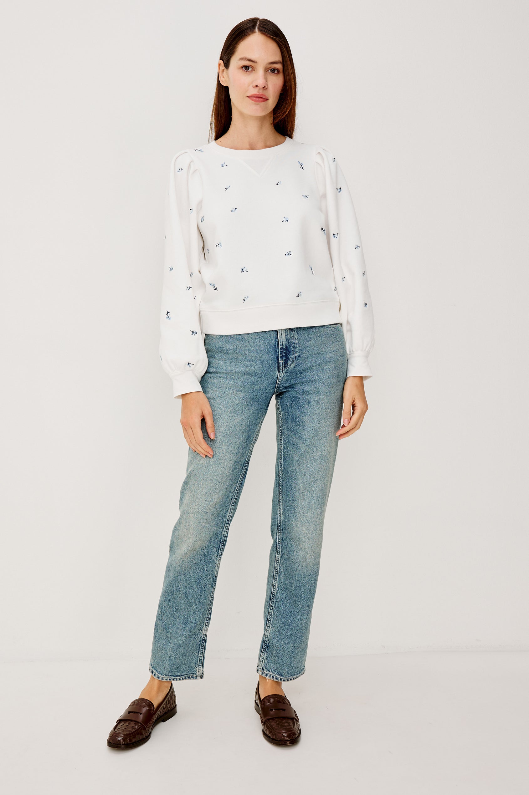 Tiffany Crewneck Sweatshirt in French Terry With Contrast Floral Embroidery, Long Puff Sleeves With Fitted Cuffs, and Ribbed Trim in Blue Iris Colorway - Full Body Front View Featured on Model