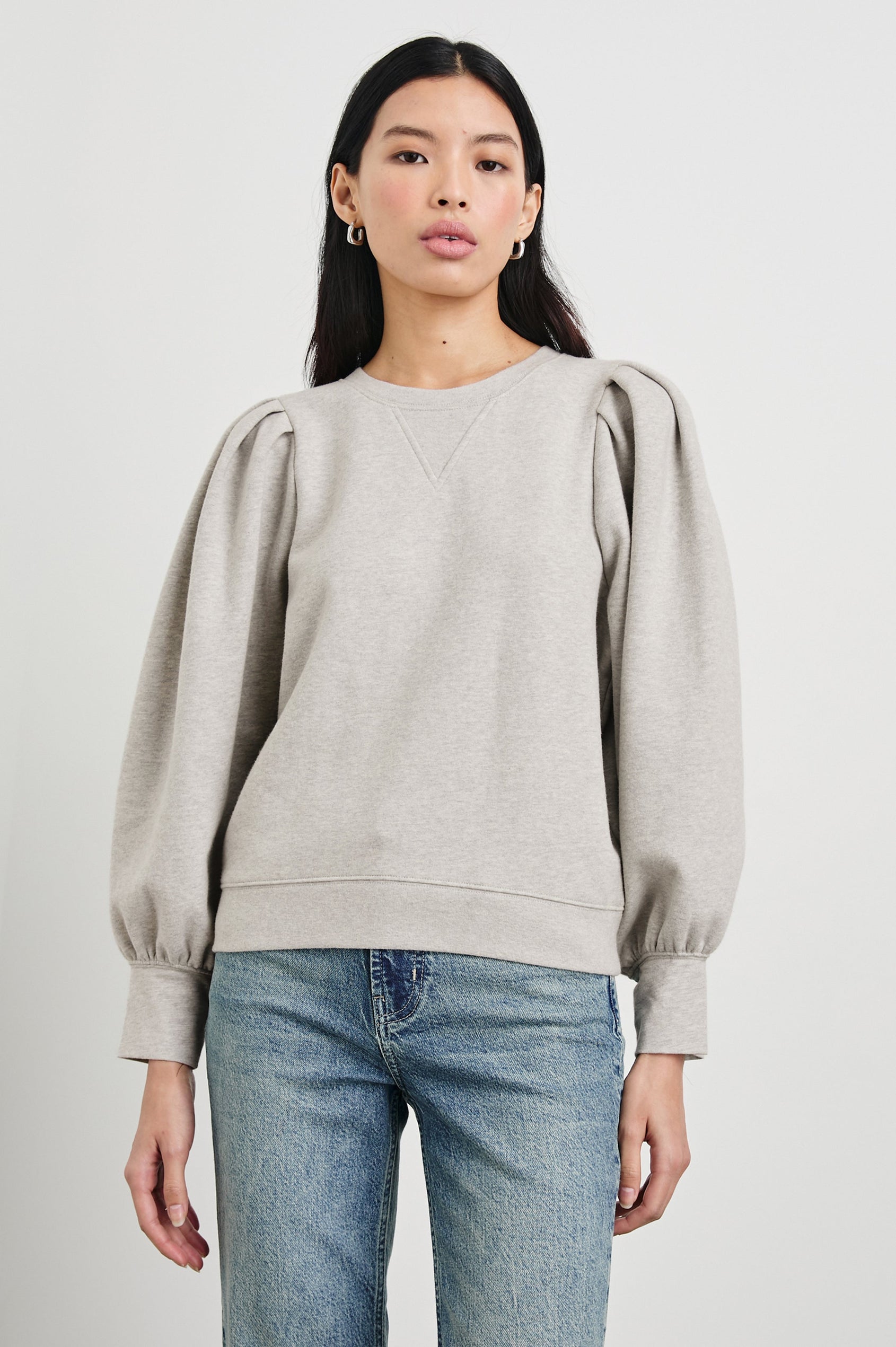 Tiffany Long-Sleeve Sweatshirt with a Crew Neck and Deep Pleated Sleeves in Heather Grey Colorway - Front View Featured on Model