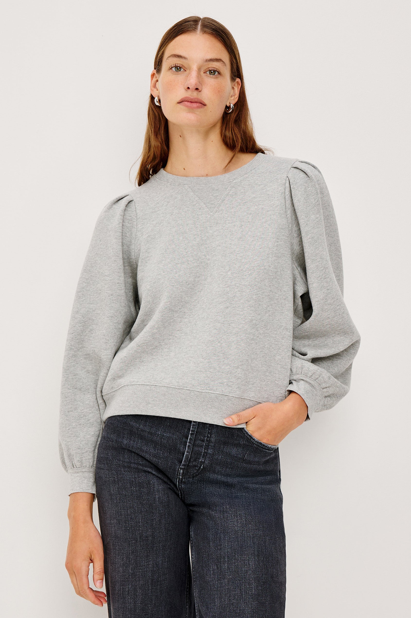 Tiffany Long-Sleeve Sweatshirt with a Crew Neck and Deep Pleated Sleeves in Heather Grey Colorway - Front View Featured on Model