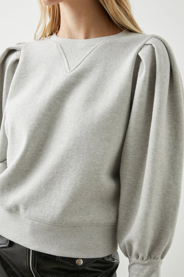 Tiffany Long-Sleeve Sweatshirt with a Crew Neck and Deep Pleated Sleeves in Heather Grey Colorway - Front View Featured on Model