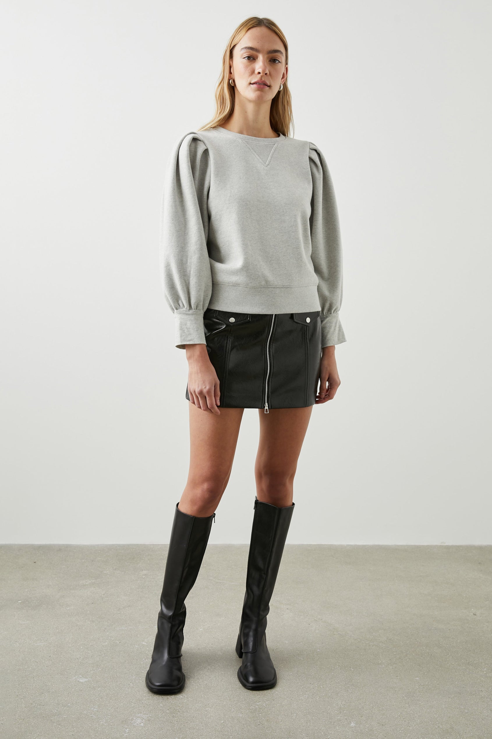 Tiffany Long-Sleeve Sweatshirt with a Crew Neck and Deep Pleated Sleeves in Heather Grey Colorway - Front Full Body View Featured on Model