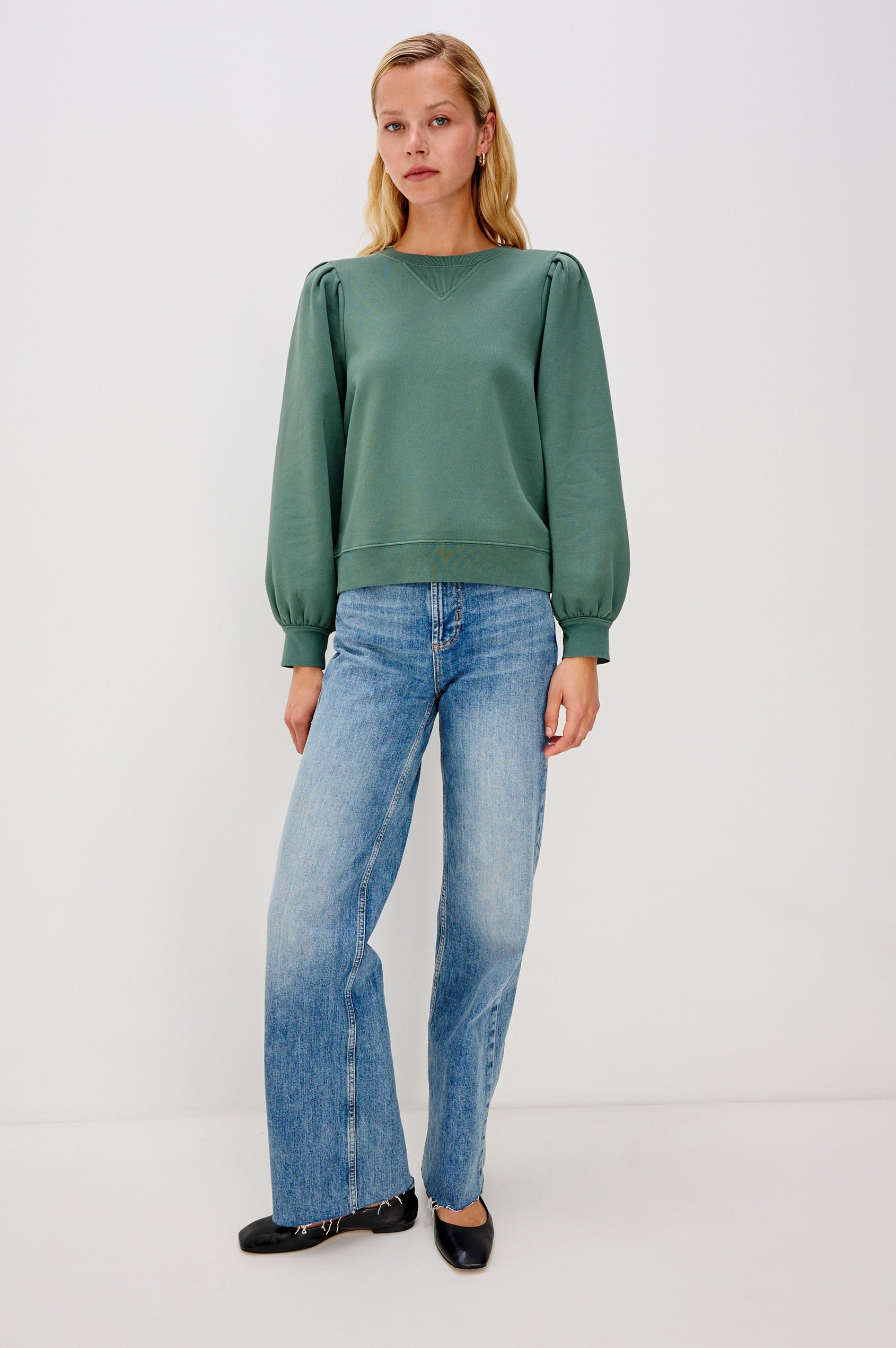Tiffany Long-Sleeve Sweatshirt with a Crew Neck and Deep Pleated Sleeves in Lake Colorway - Full Body Front View Featured on Model